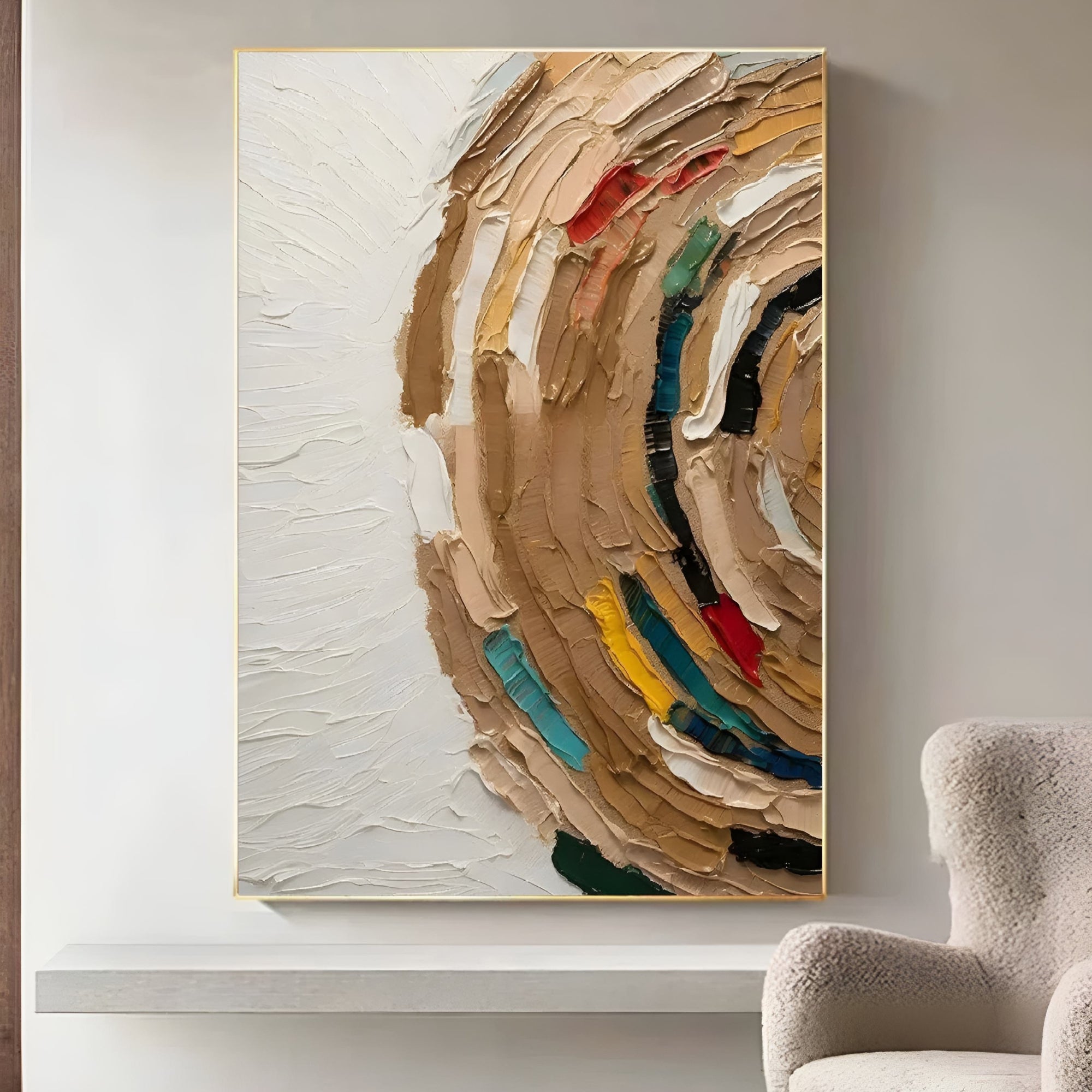 Close-up of a vibrant, thickly layered oil painting in neutral and bold colors, creating a spiral effect that stands out on a sleek, minimalist wall.