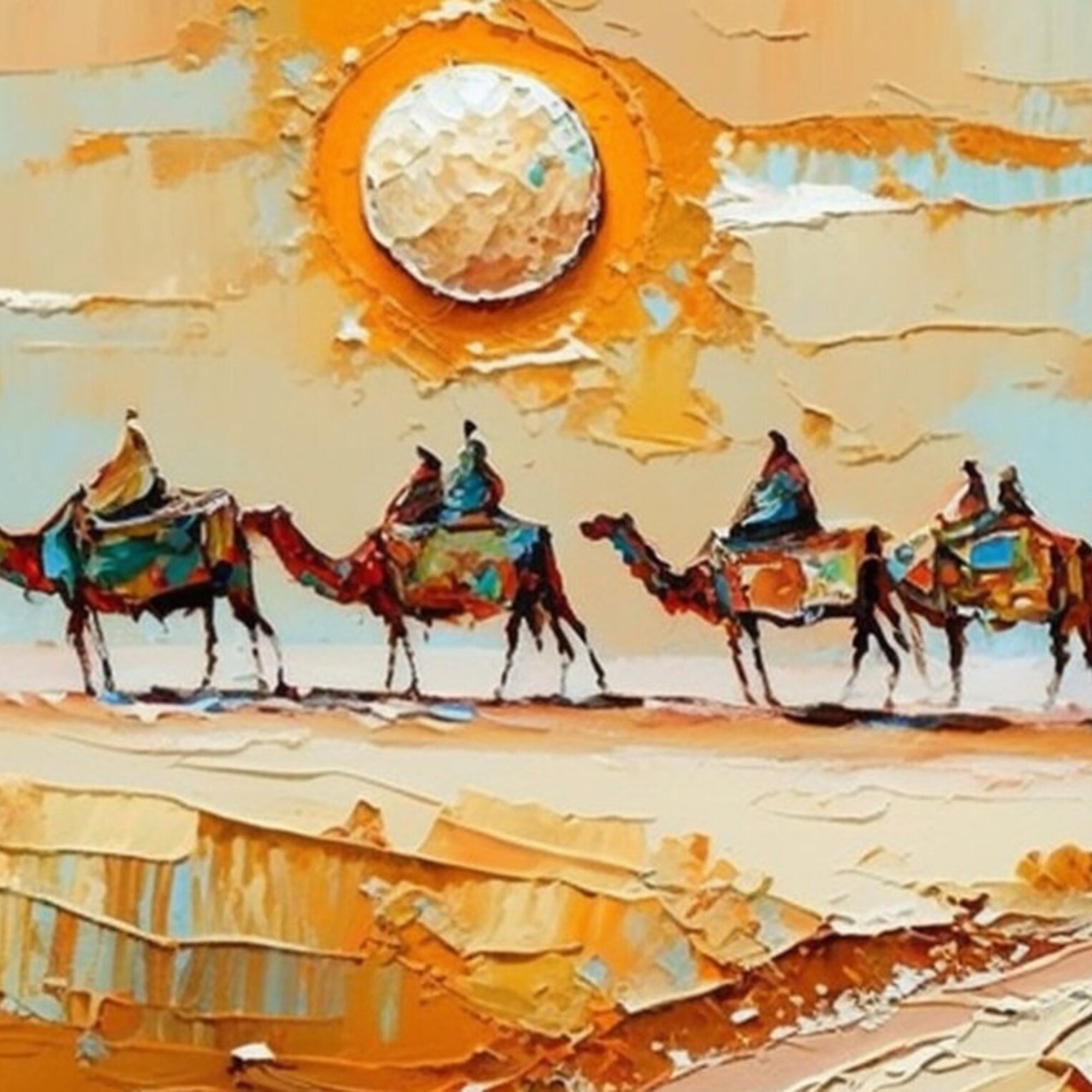 Golden dunes and camel procession in abstract desert art – A lively and cultural statement piece that suits both modern and traditional interiors like offices, lounges, or art-focused nooks
