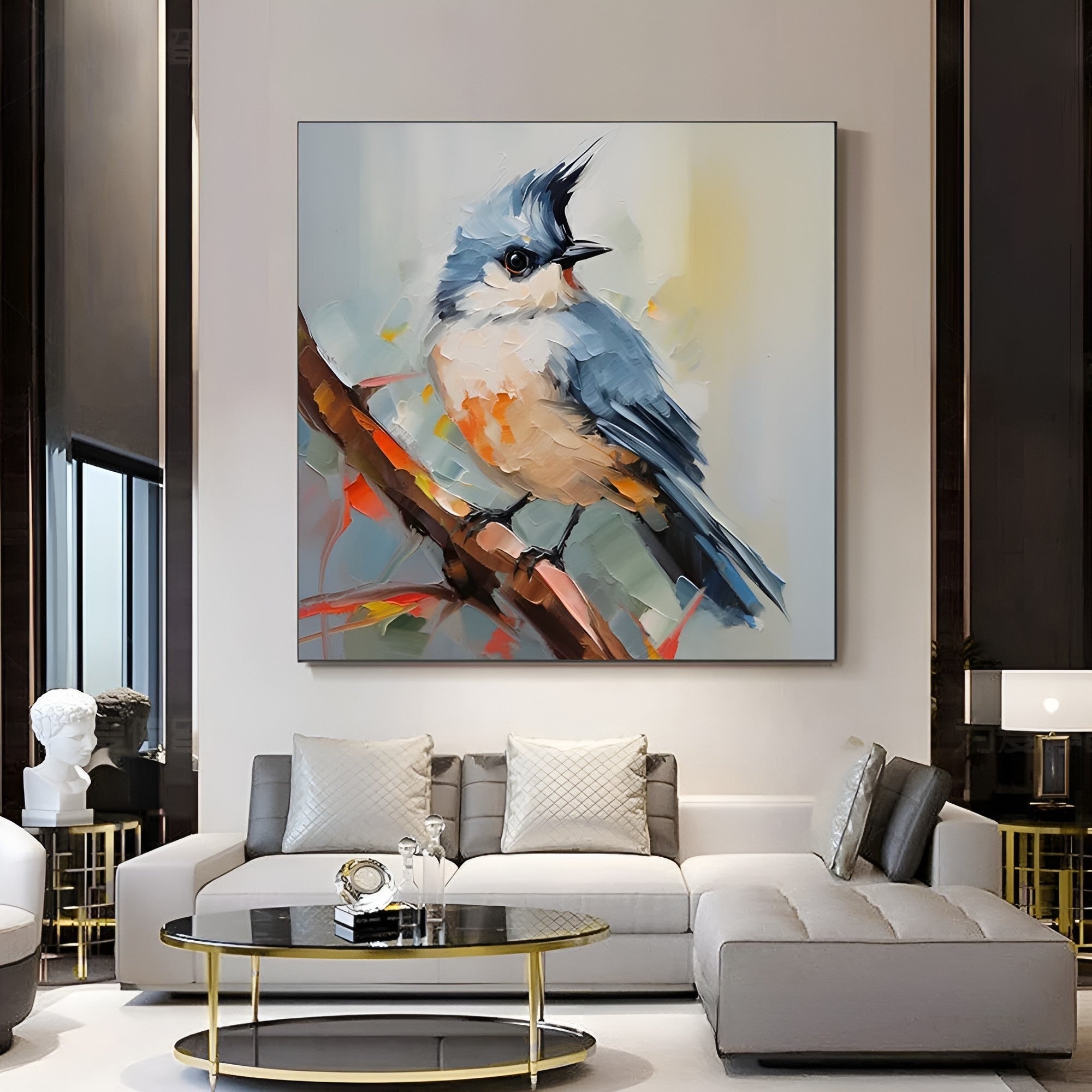 Blue bird wall art, handmade with textured oil paint, perfect nature-themed decor for cozy and modern spaces.
