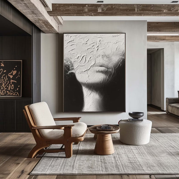Handmade oil painting of abstract female portrait in black and white, ideal for modern homes, lofts, or boutique hotels.