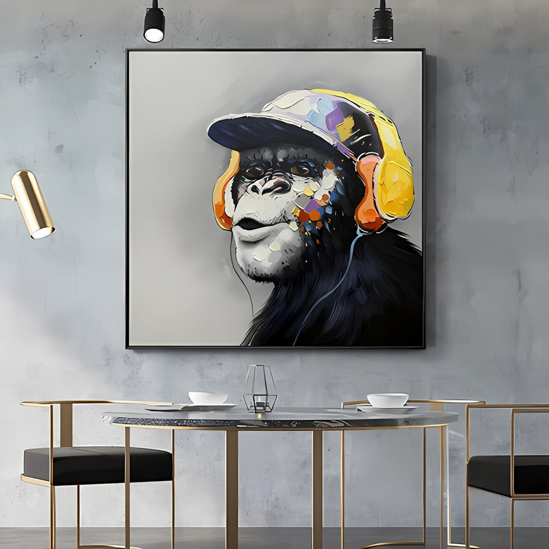 Colorful gorilla painting in headphones, perfect for modern office or lounge wall decor, hand-painted with oil.