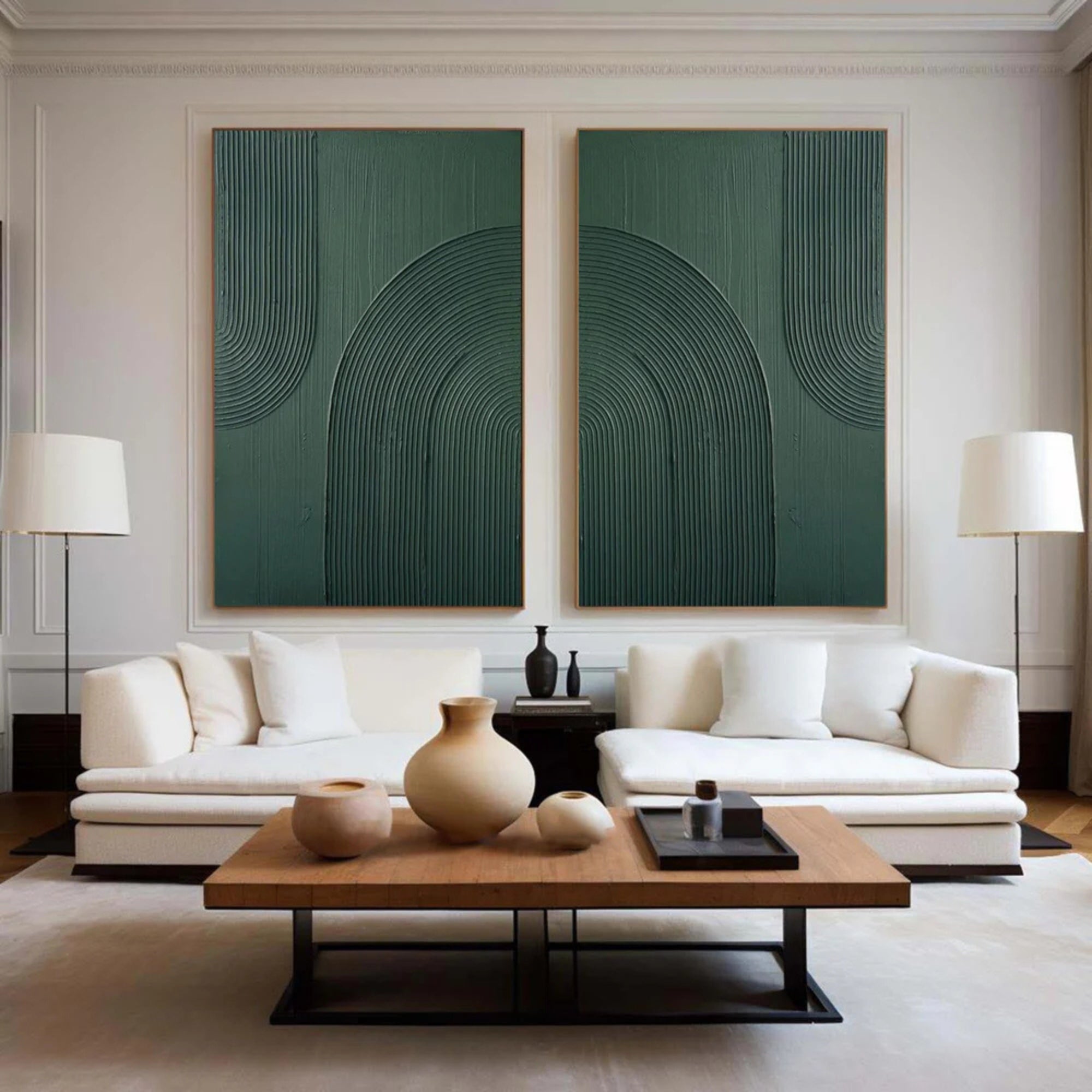 Plaster Art Texture Painting -  Emerald Arcs - Set of 2