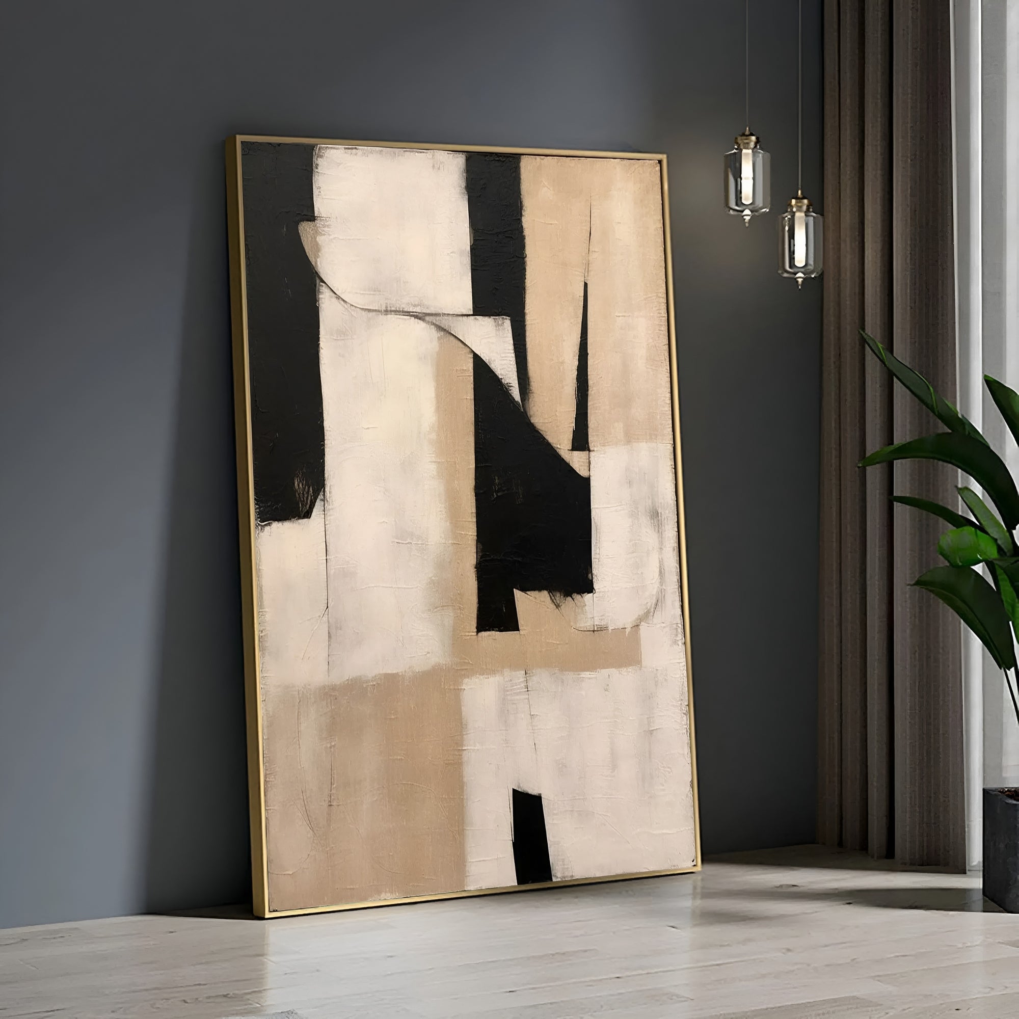 Framed abstract artwork in earthy tones for stylish interiors – A timeless oil painting featuring a blend of black, beige, and white, adding sophistication to any wall space.