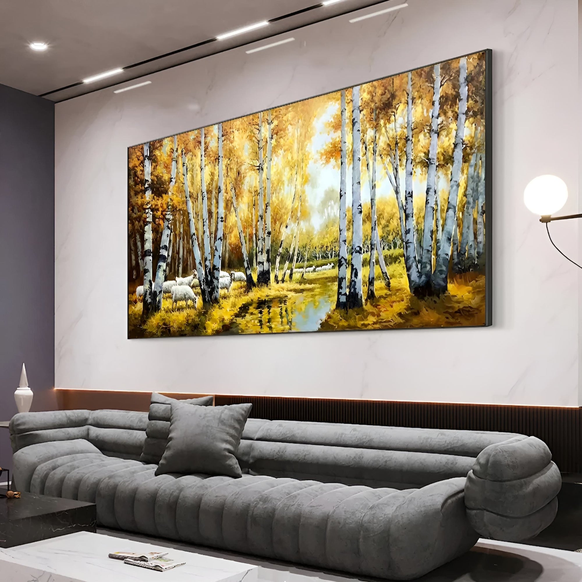 Create a peaceful vibe in meditation or therapy spaces with this handmade oil woodland artwork.