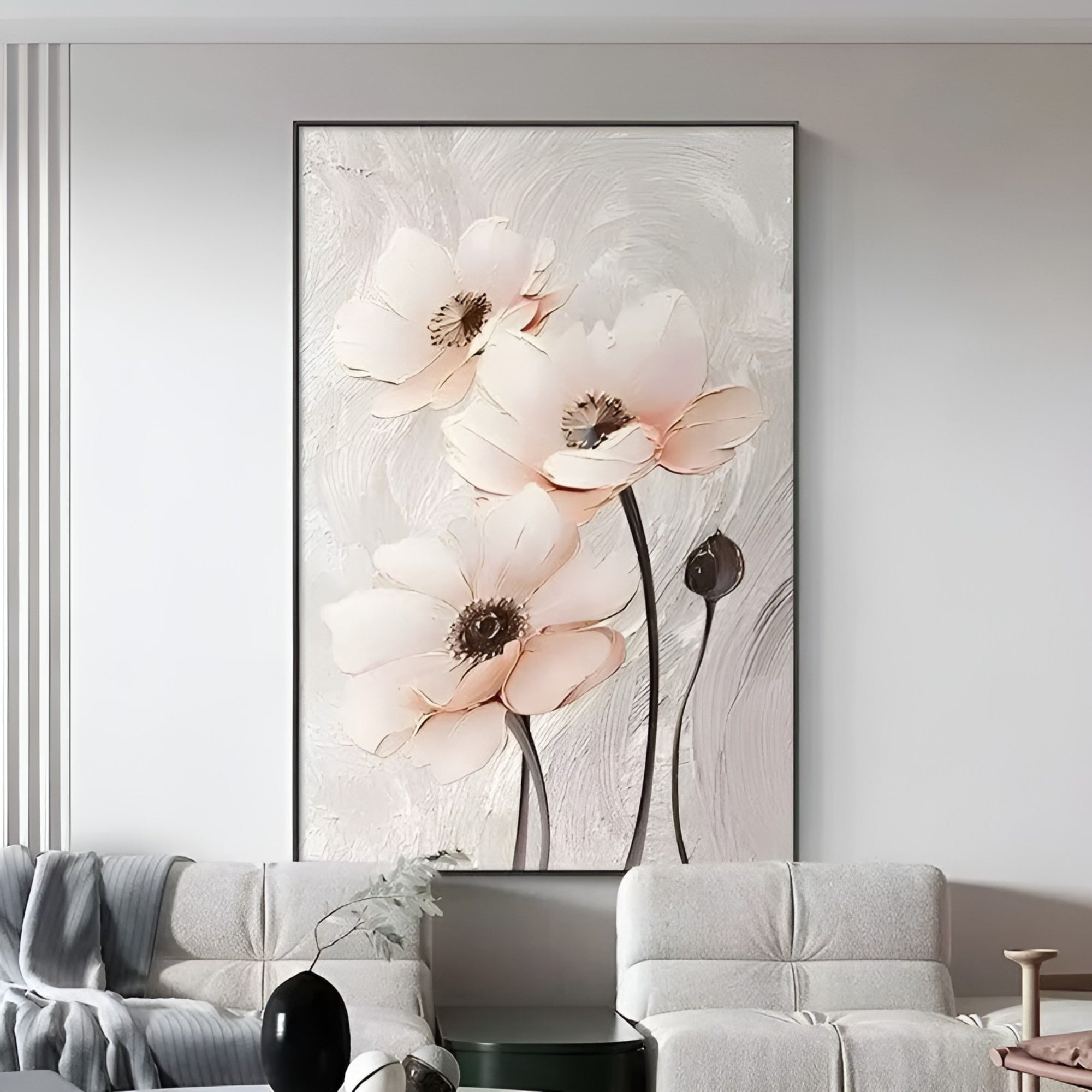 Large textured flower canvas, hand-painted in soft blush and cream, beautiful for luxury home or office decoration.