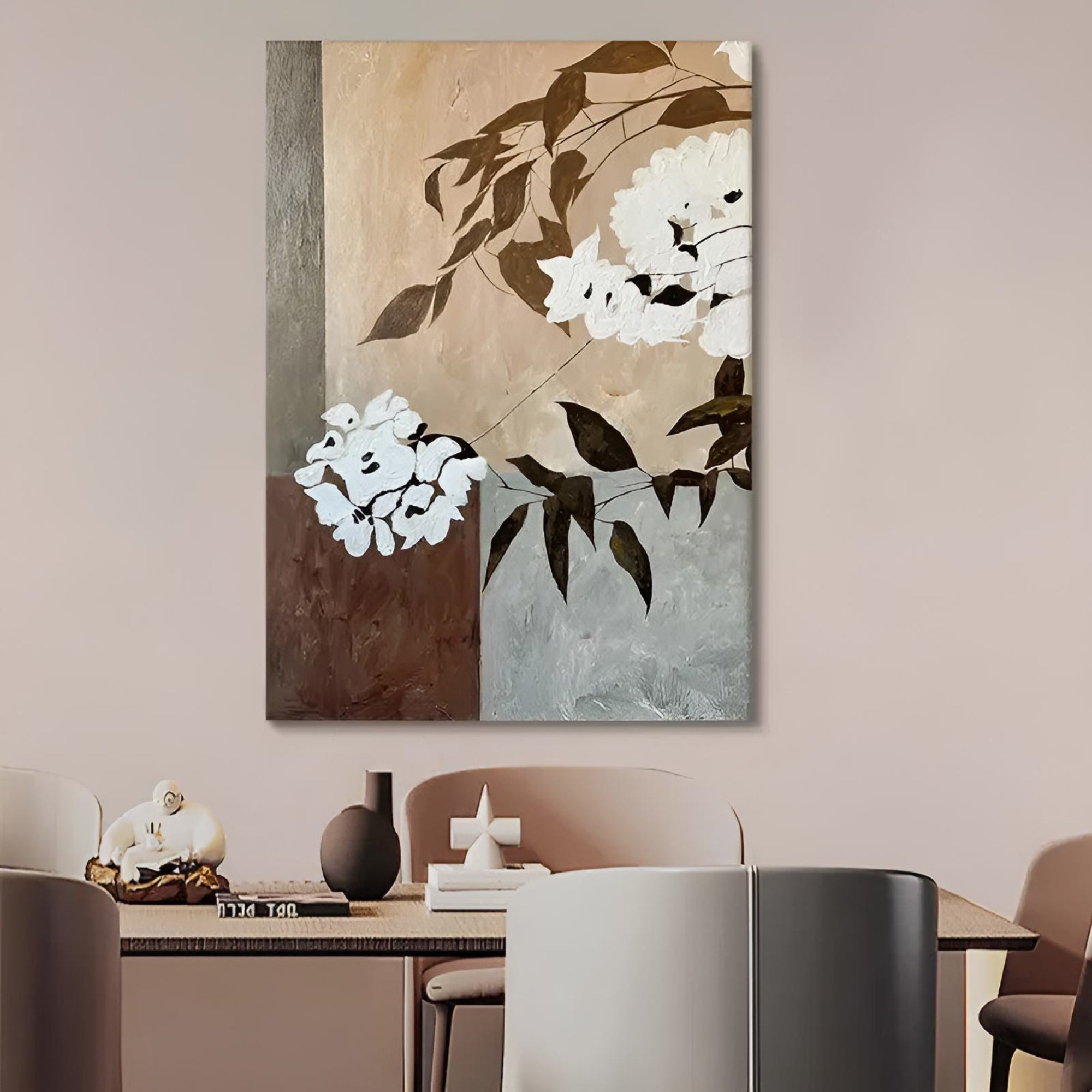 Handmade floral painting perfect for brightening up Scandinavian-inspired dining spaces.