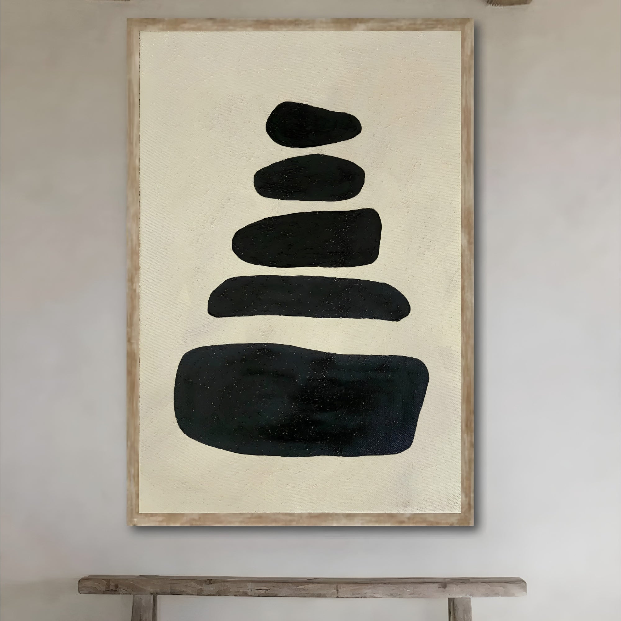 Unique handmade abstract art in neutral tones, featuring bold black brushstrokes for a striking visual statement.