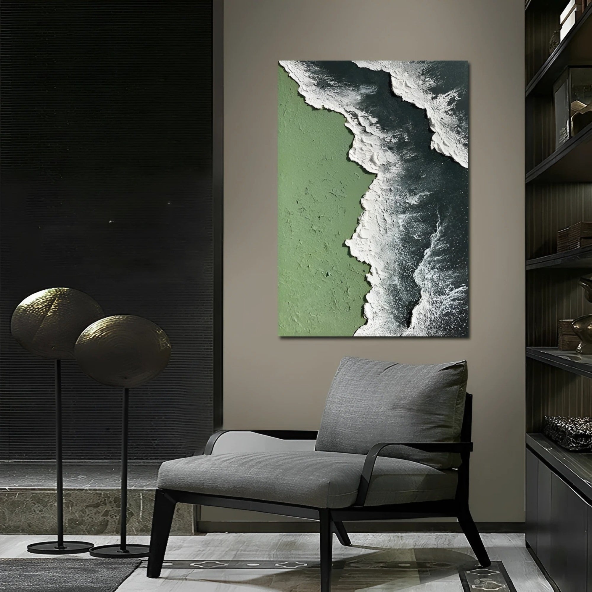 Handmade aerial ocean painting, perfect for coastal hallways or beach-style interiors.
