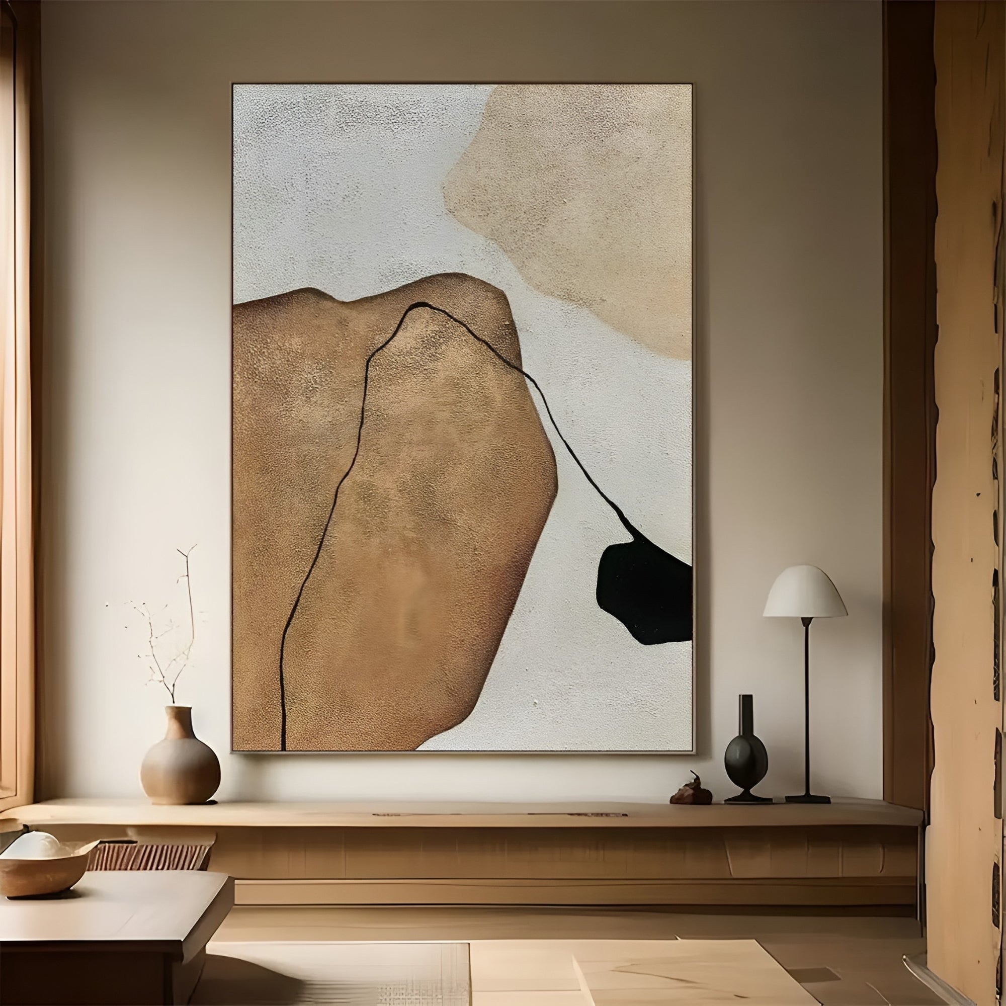 Elegant abstract artwork with natural stone-inspired hues, adding a sophisticated touch to a high-end interior space.