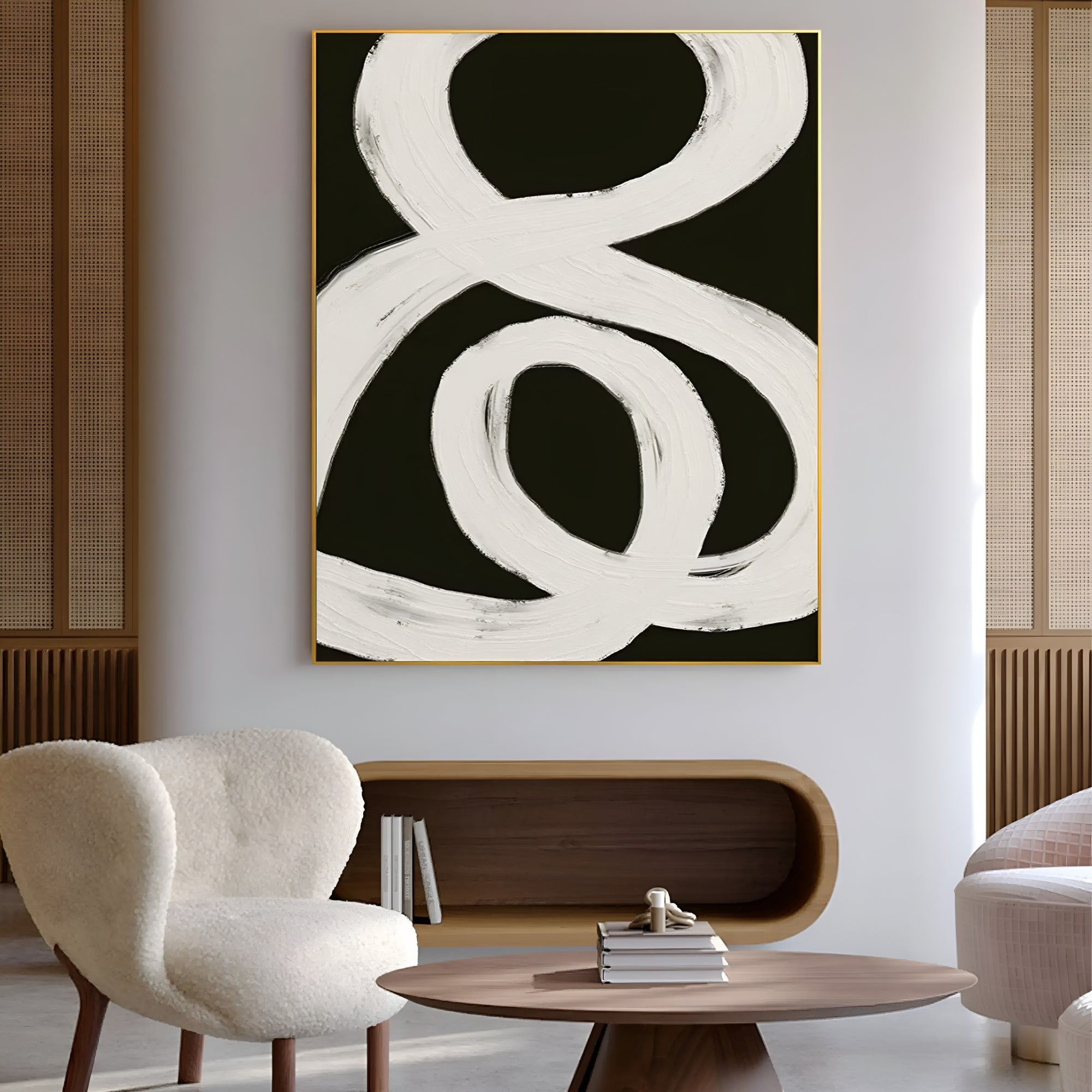 Minimalist black and white abstract painting with bold brushstrokes – modern wall art for contemporary interiors.