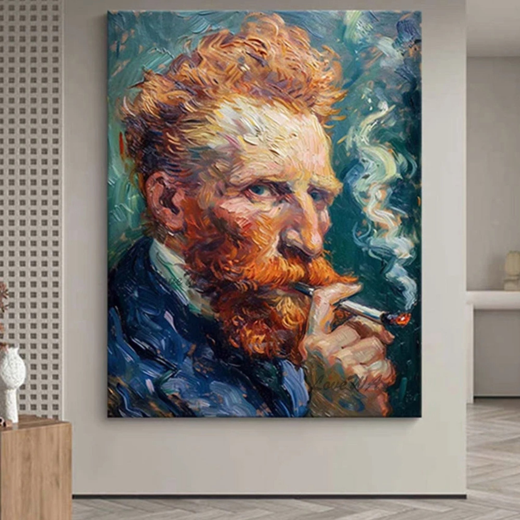 Bold handmade oil painting of Van Gogh with swirling smoke, great for contemporary homes, study rooms, or art galleries.