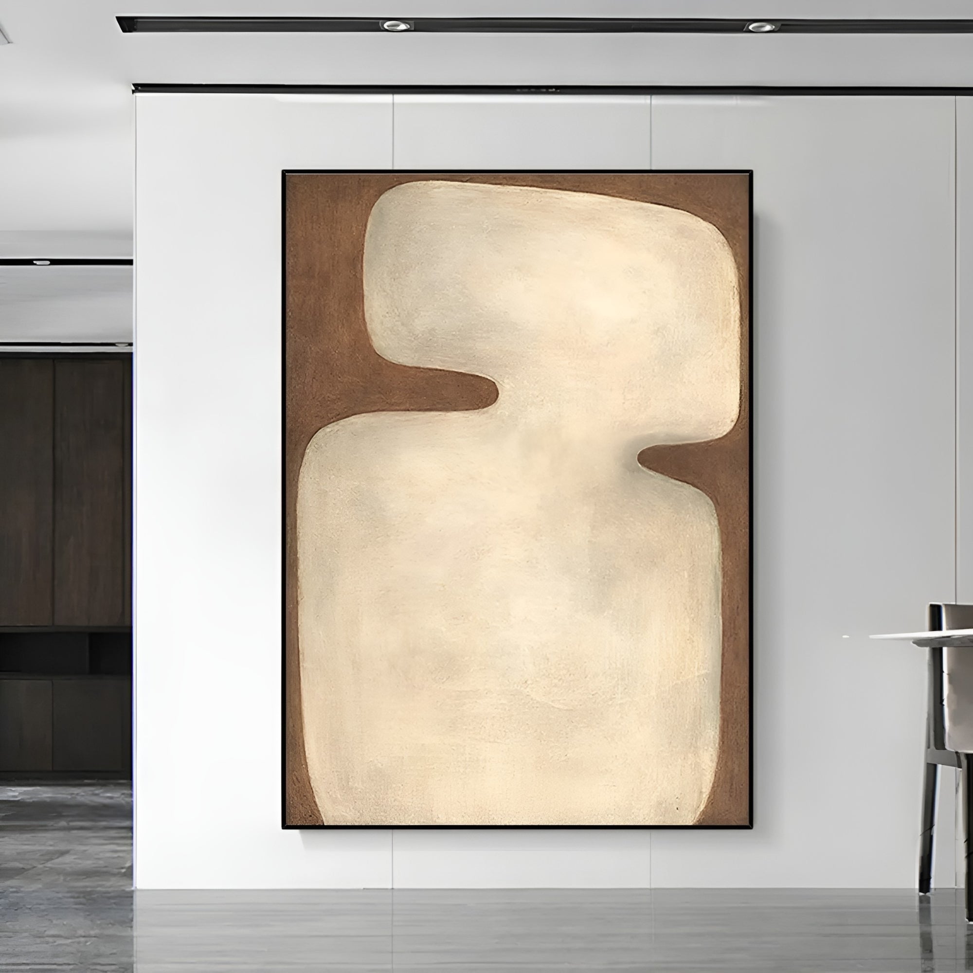 Minimalist abstract painting in earthy tones, featuring organic shapes on canvas. Handmade neutral wall art for modern interiors.