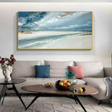 Hand-painted beach scene oil painting, perfect for brightening up a modern office or serene living room wall décor.