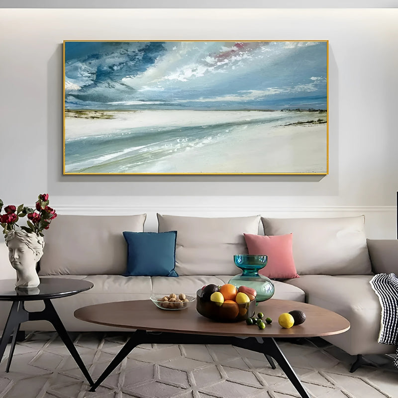 Hand-painted beach scene oil painting, perfect for brightening up a modern office or serene living room wall décor.