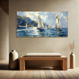 Textured ocean artwork with sailboats and distant cliffs, great for adding energy and coastal sophistication to modern foyers, hotels, or nautical-styled office spaces.