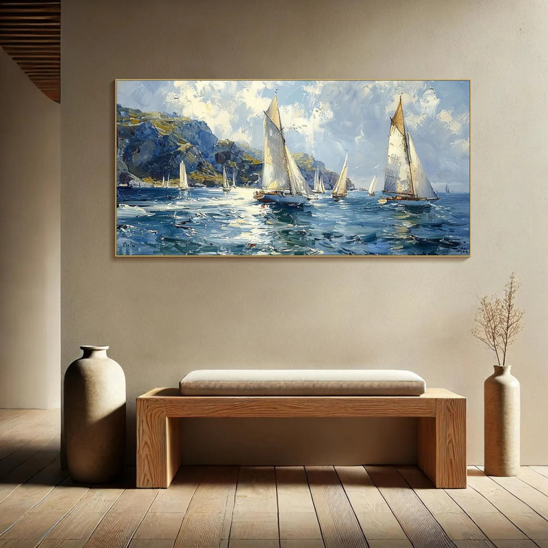 Textured ocean artwork with sailboats and distant cliffs, great for adding energy and coastal sophistication to modern foyers, hotels, or nautical-styled office spaces.