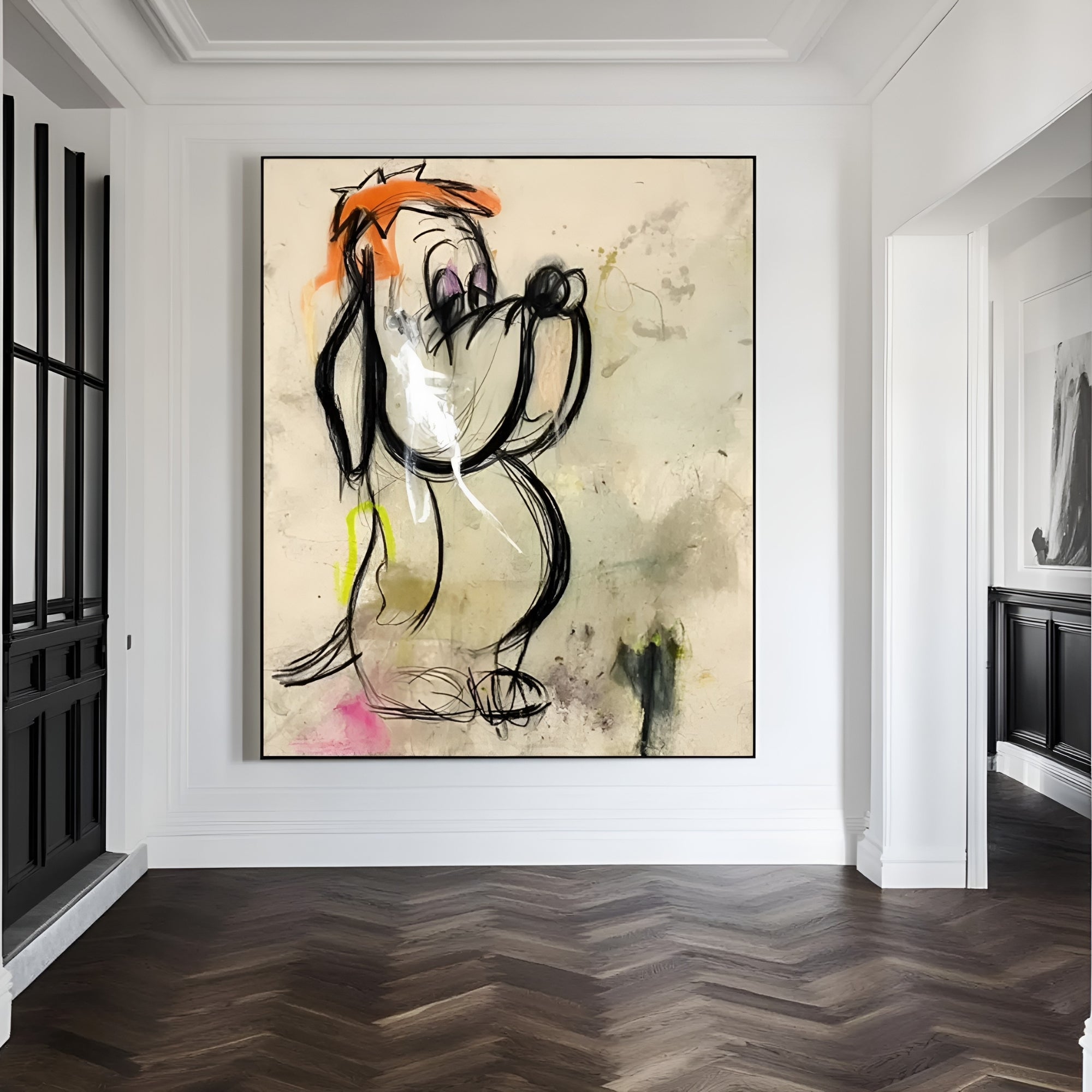 Large cartoon-style dog wall art with artistic brushstrokes and a warm-toned abstract background – perfect for stylish interiors.