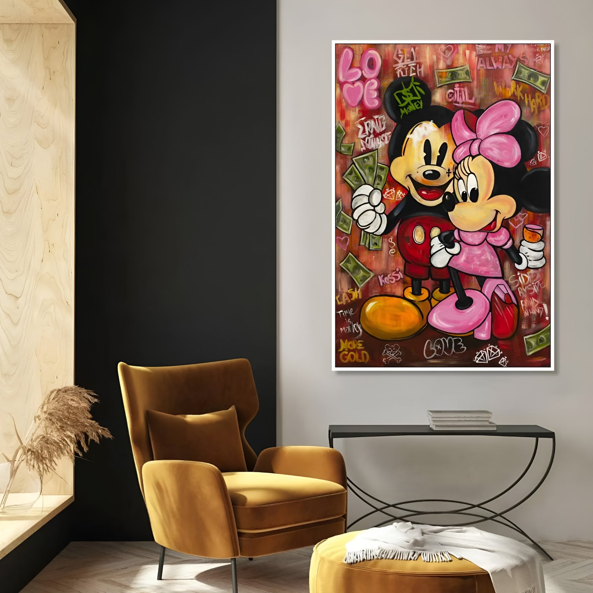 Hand-painted Mickey and Minnie Mouse artwork in a graffiti street art style – perfect for contemporary and playful interiors.