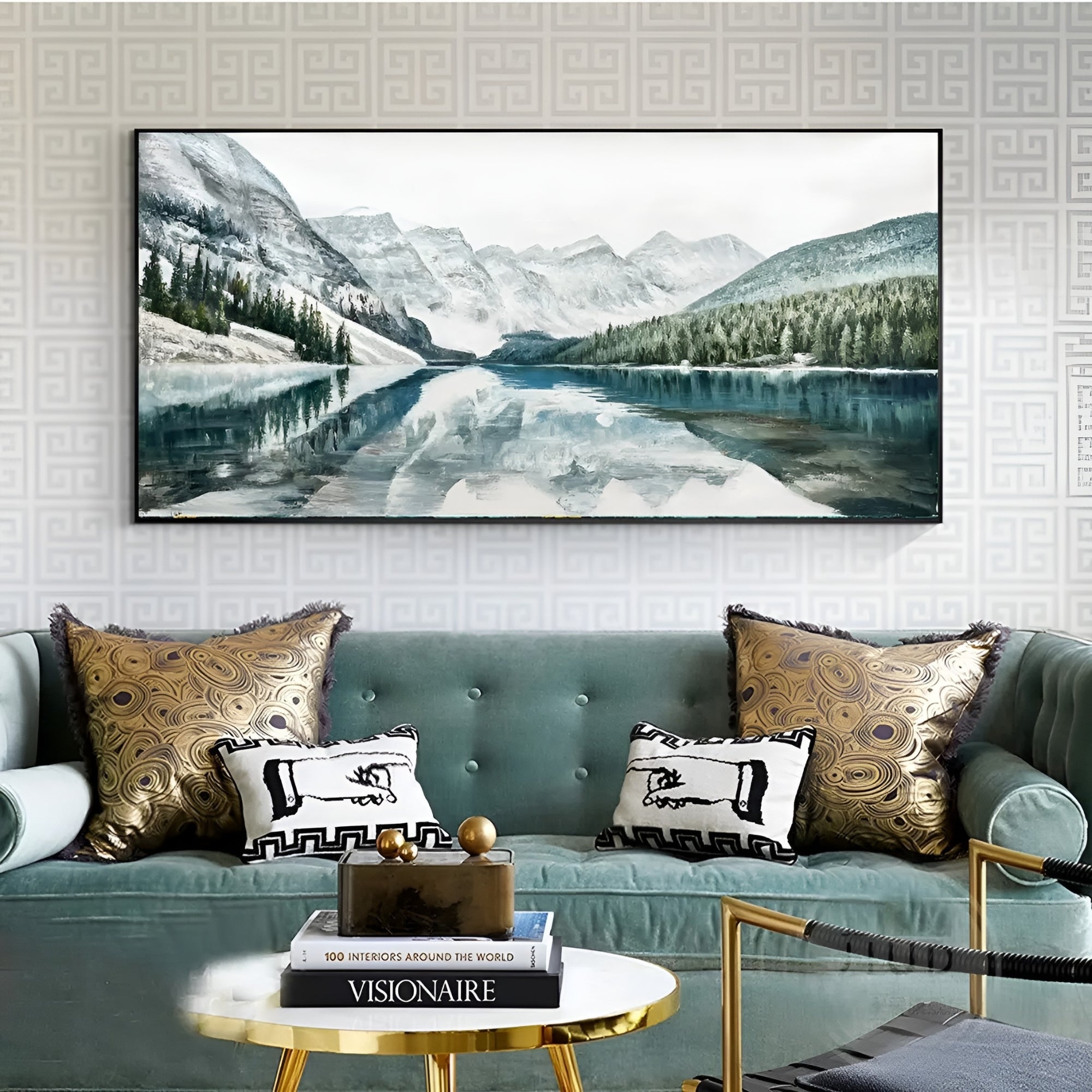 Modern landscape wall art featuring a tranquil lake and mountain reflections, perfect for elegant home decor.