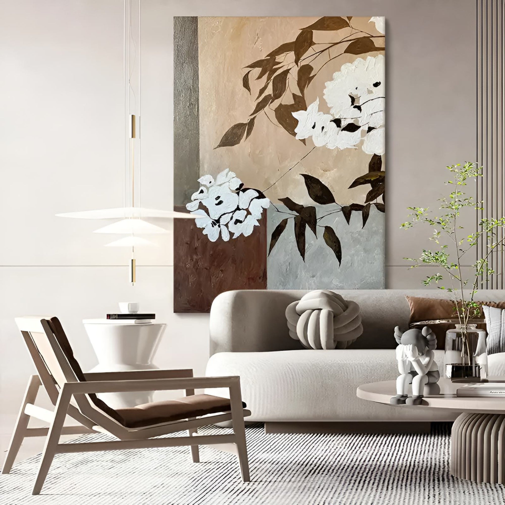 A calming floral oil painting that adds elegance to natural, earthy-toned interiors.