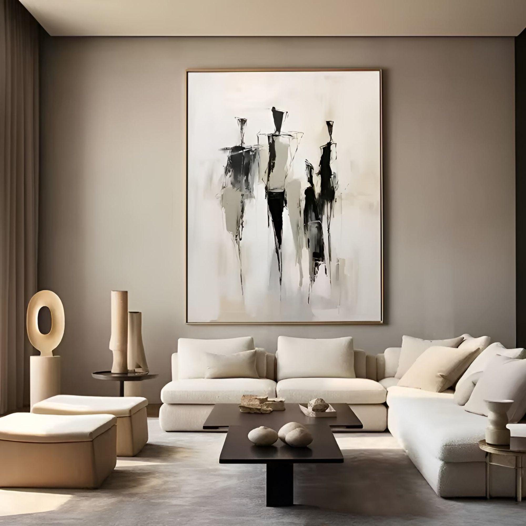 Handmade oil painting featuring abstract silhouettes, ideal for creative studio spaces.