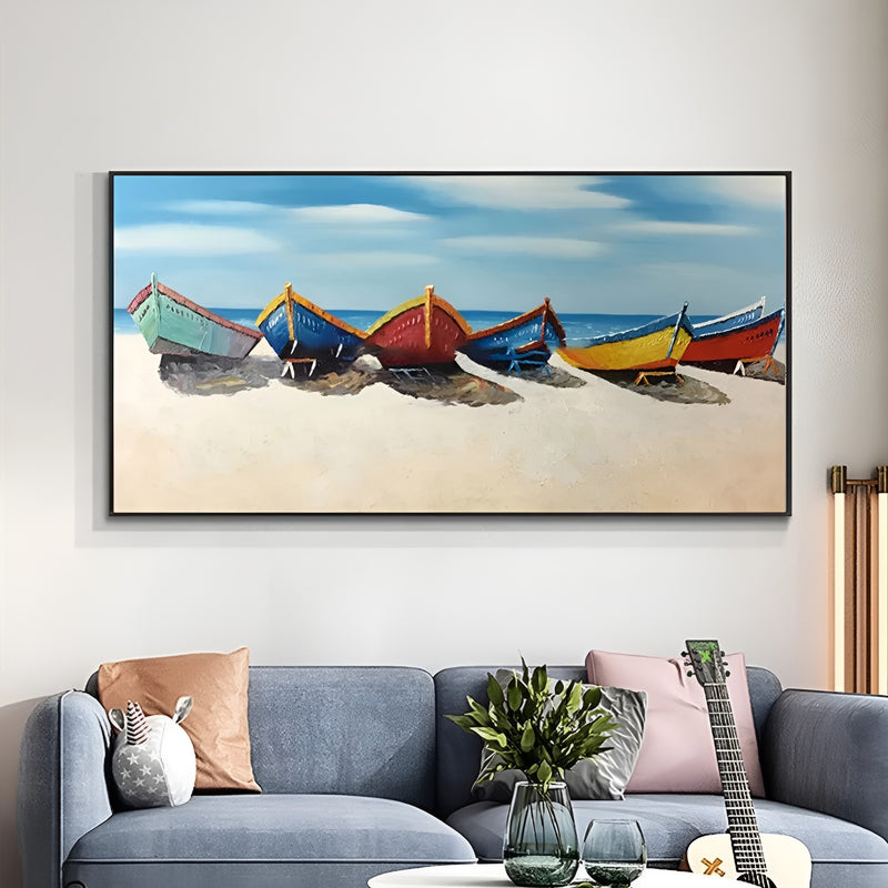 Colorful handmade painting of fishing boats on a serene shore, perfect for coastal decor.