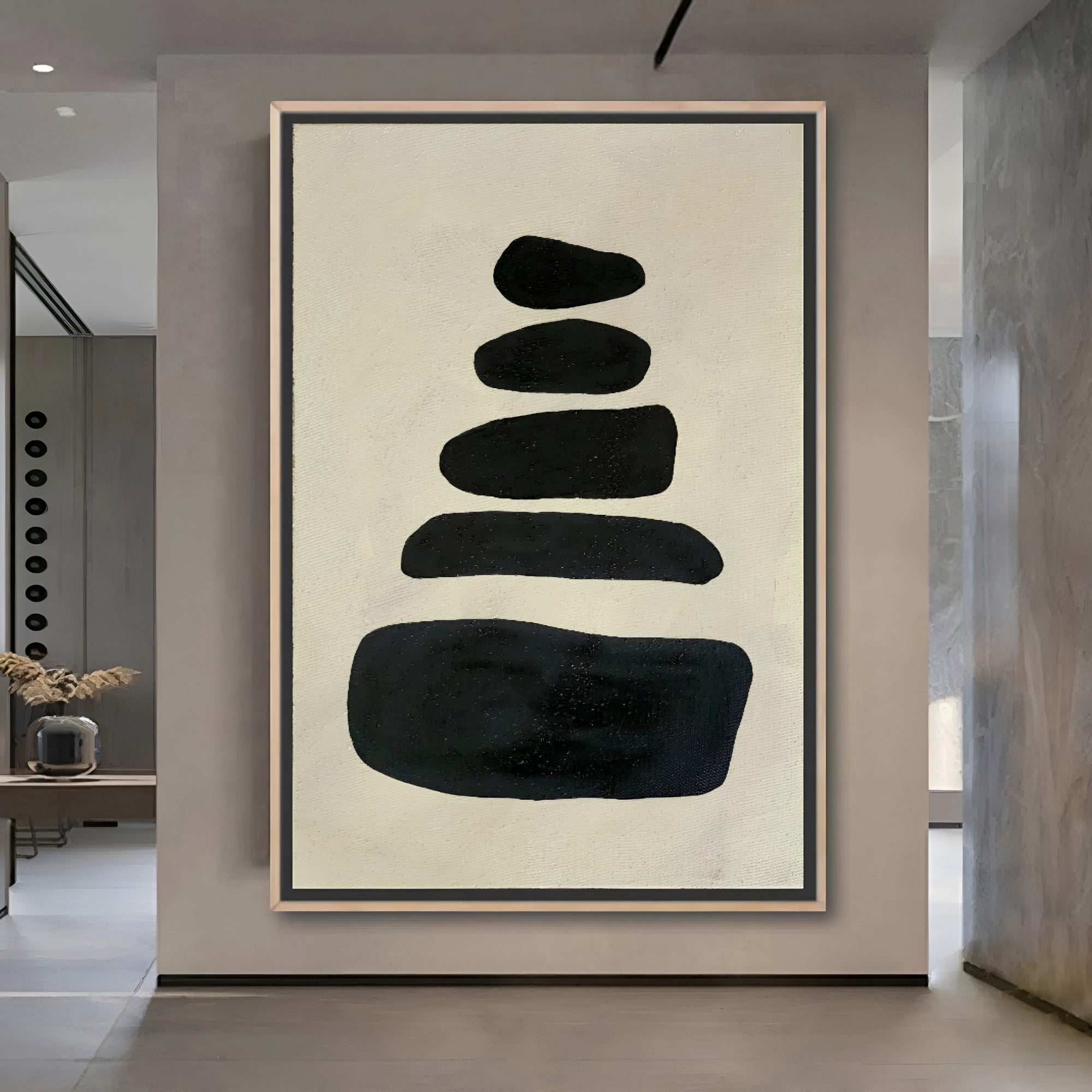 Modern abstract oil painting with balanced black stone-like shapes, ideal for minimalist and Japandi-style interiors.