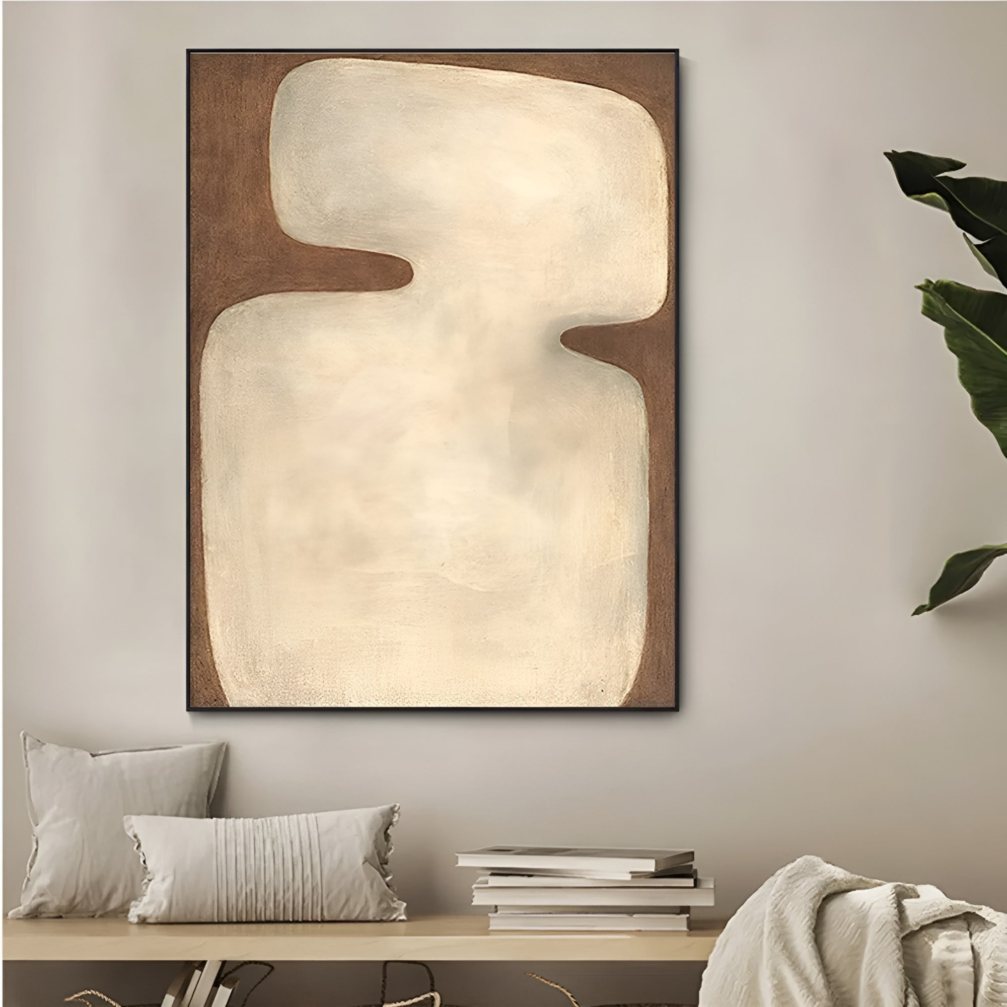 Hand-painted abstract art with warm, earthy colors and geometric forms. Unique canvas artwork for modern minimalist decor.