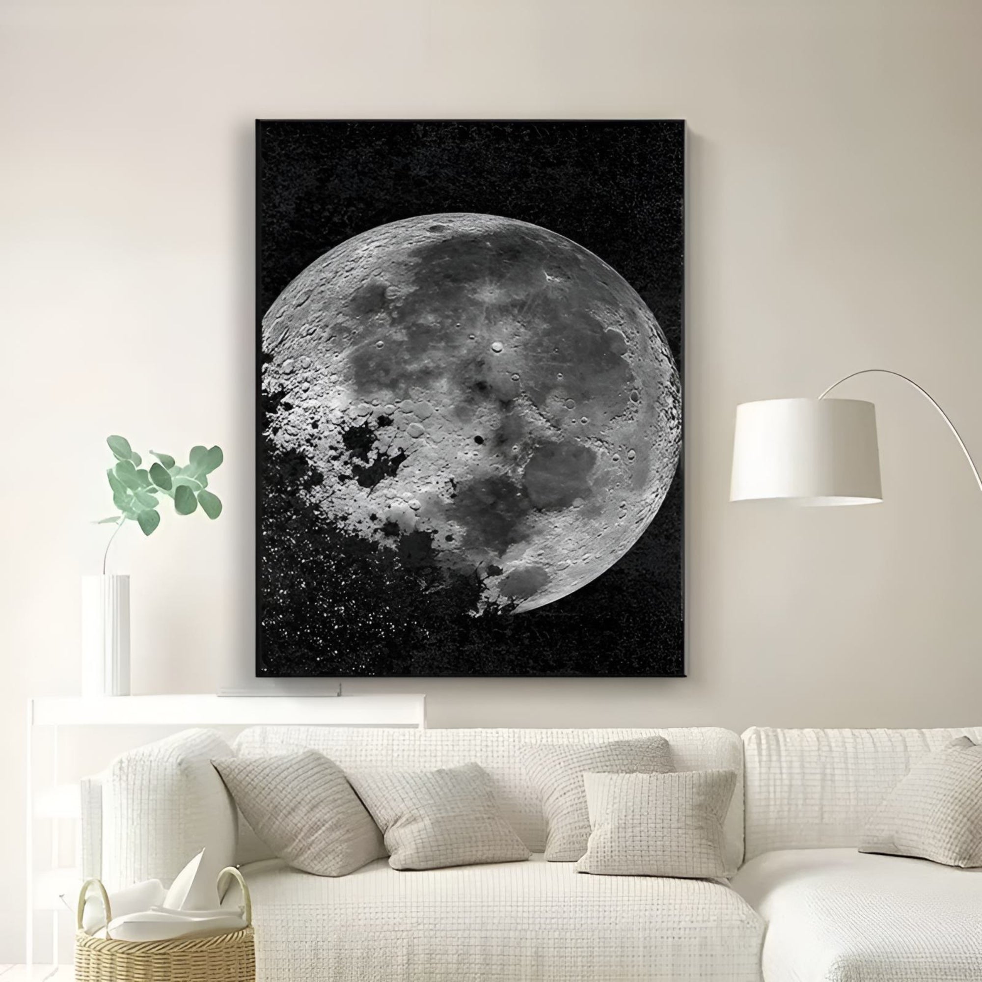 Add a touch of night sky to your living room with this handmade moon painting—ideal for modern, moody interiors.