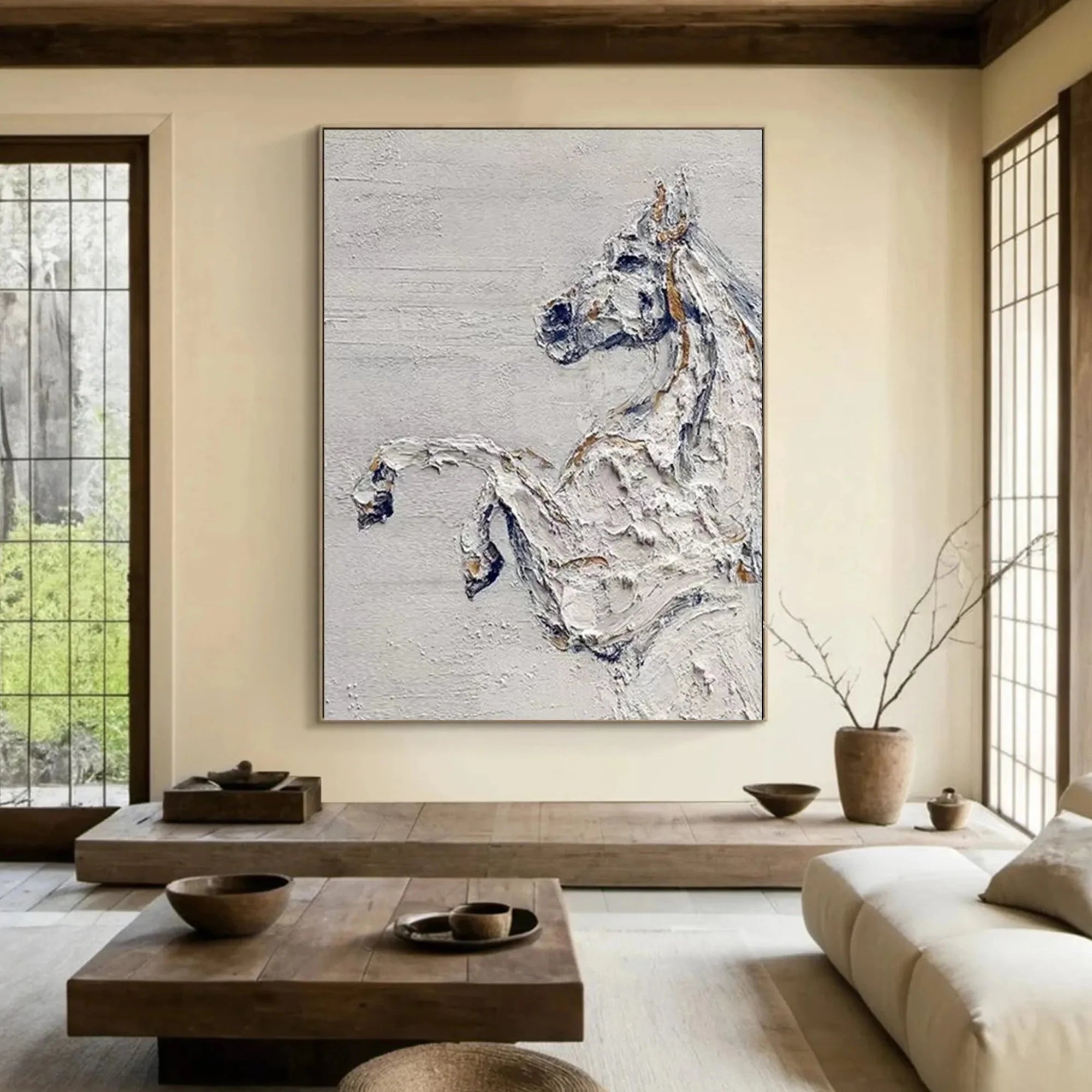 Textured horse oil painting ideal for rustic kitchens or farmhouse-style interiors.