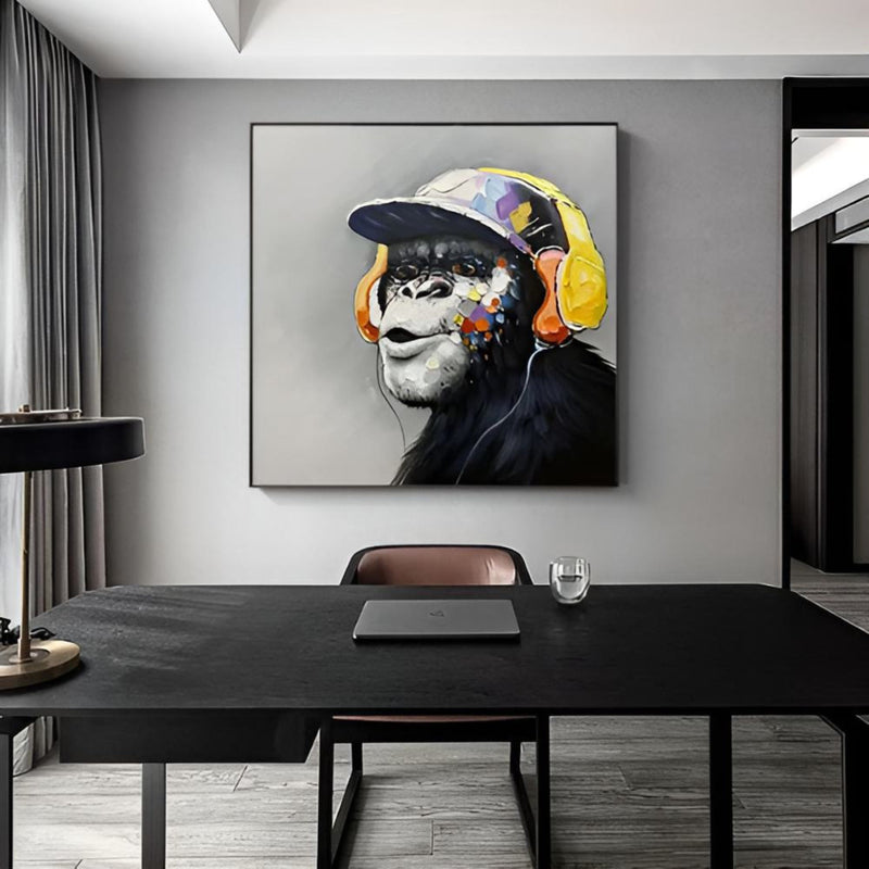 Handcrafted monkey artwork with street-art flair, a vibrant fit for creative spaces and studio interiors.