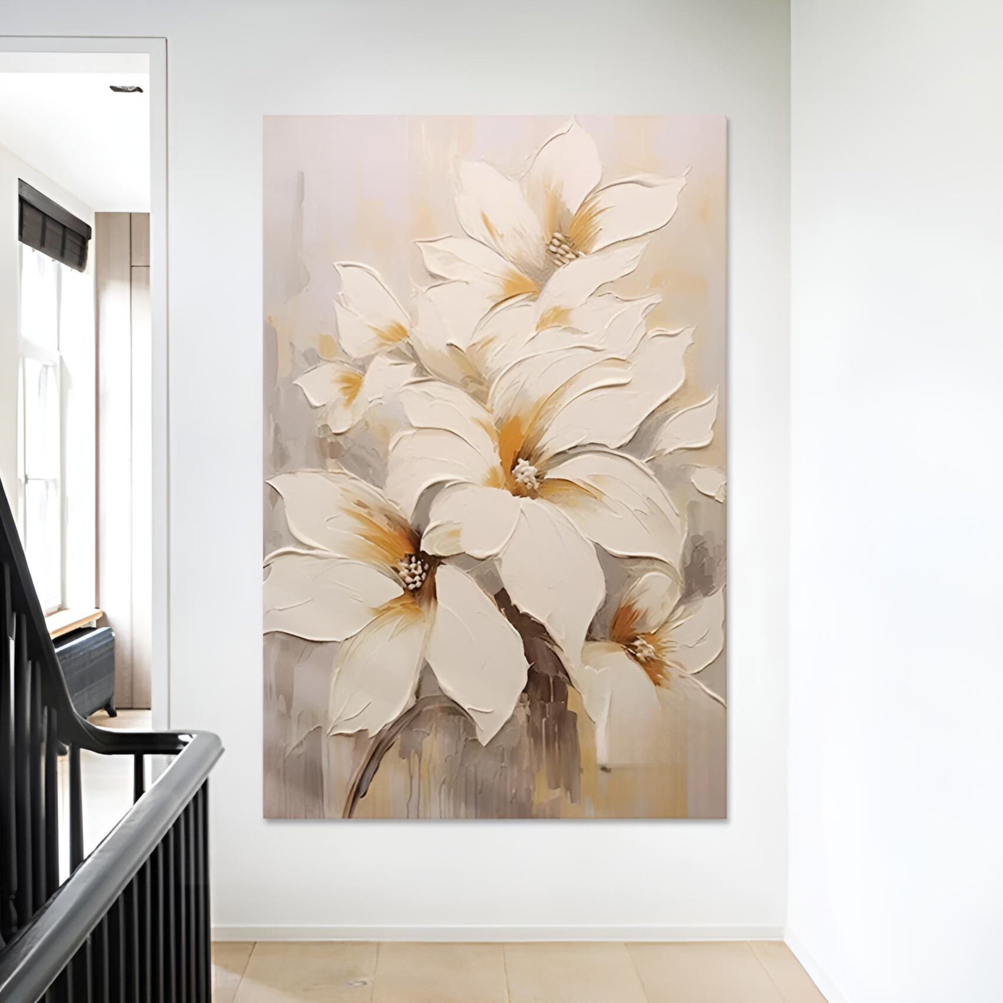 Elegant white floral handmade oil painting with soft brush strokes, perfect for luxurious homes, waiting rooms, or salons