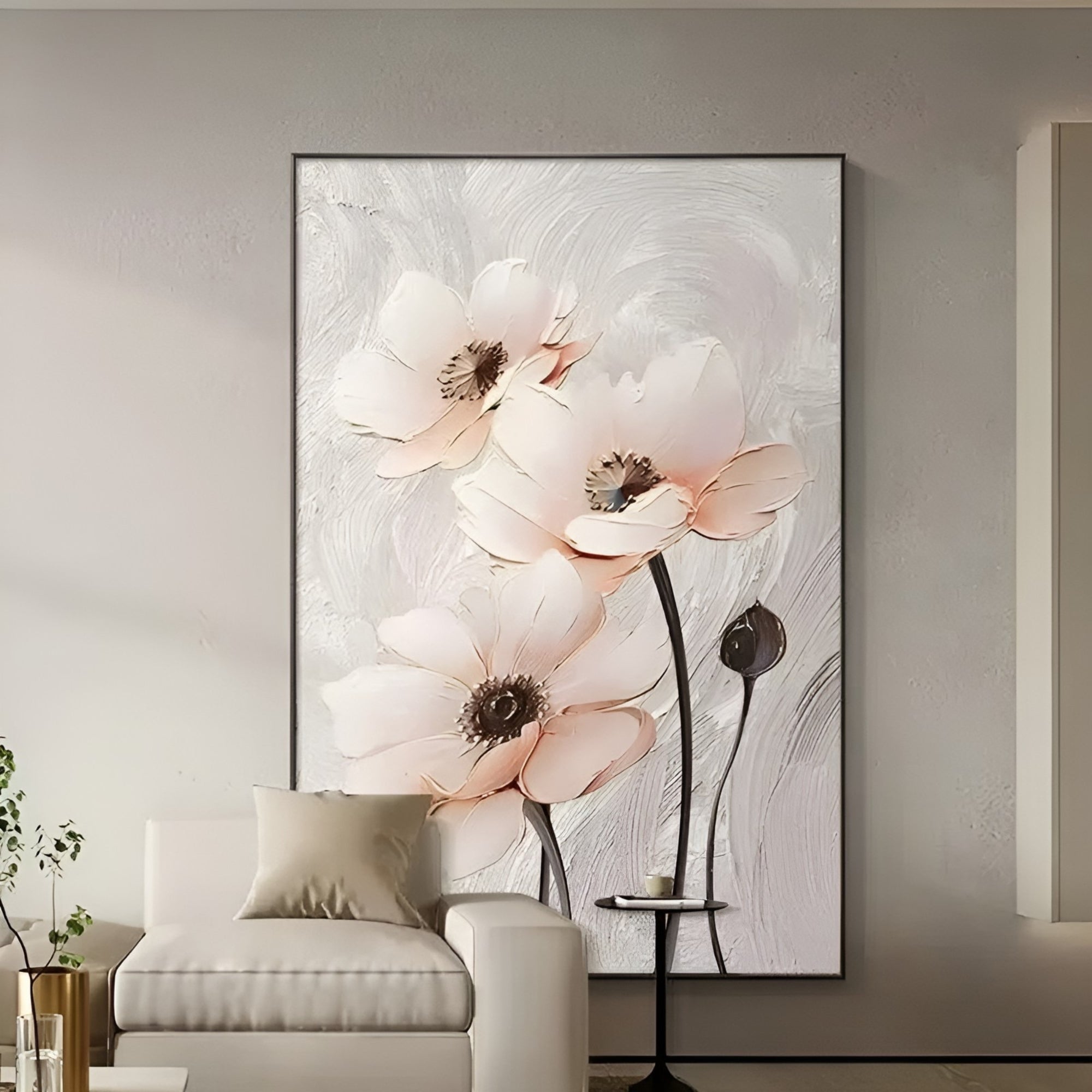 Handmade floral oil painting with soft pink poppies, perfect wall art for elegant and modern living room decor.