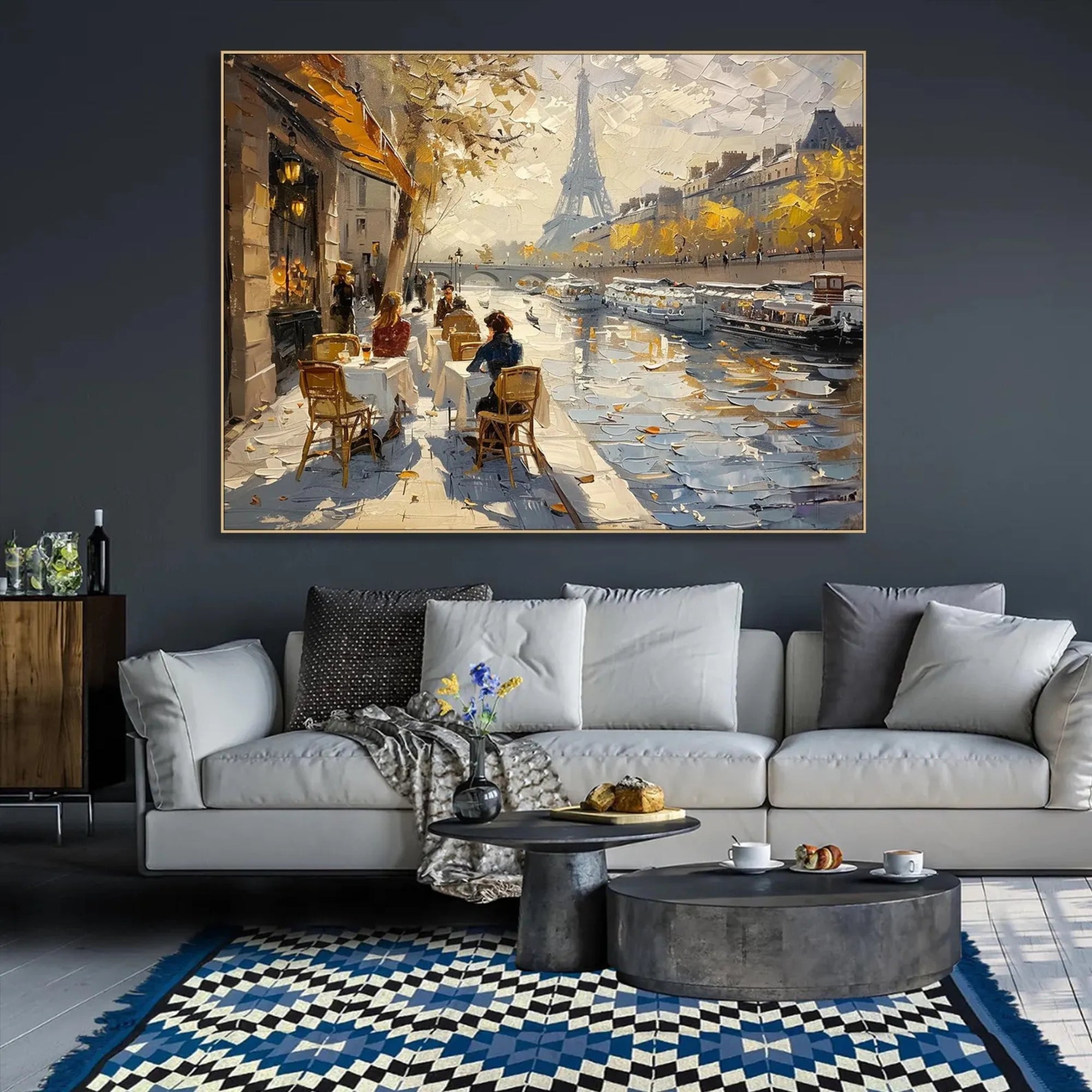 Scenic Paris painting with café life and riverboats, full of light and texture—an inviting statement piece for gallery walls, travel-themed interiors, or refined contemporary decor.