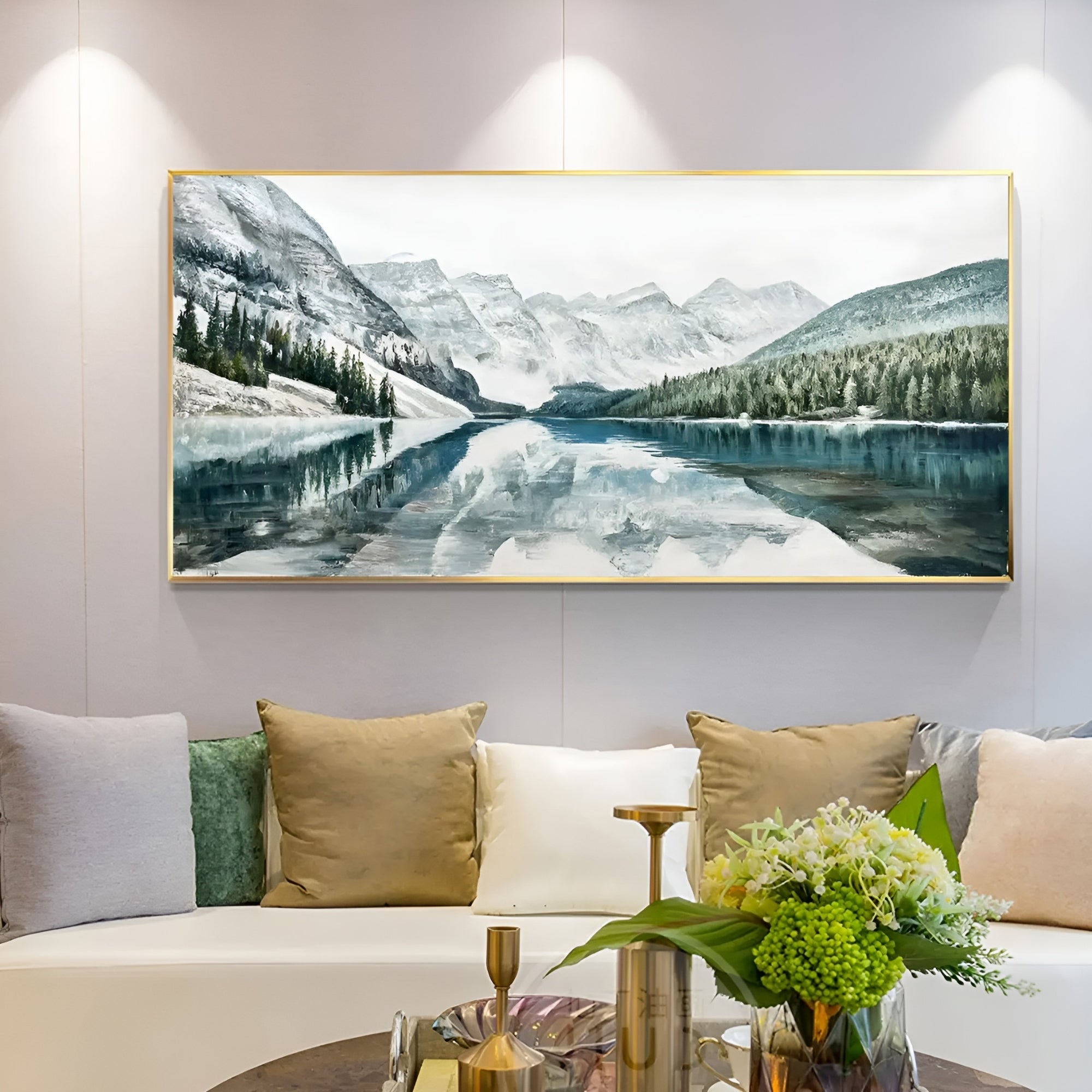Handmade watercolor painting of a serene mountain lake, capturing nature’s beauty in soft, calming tones.