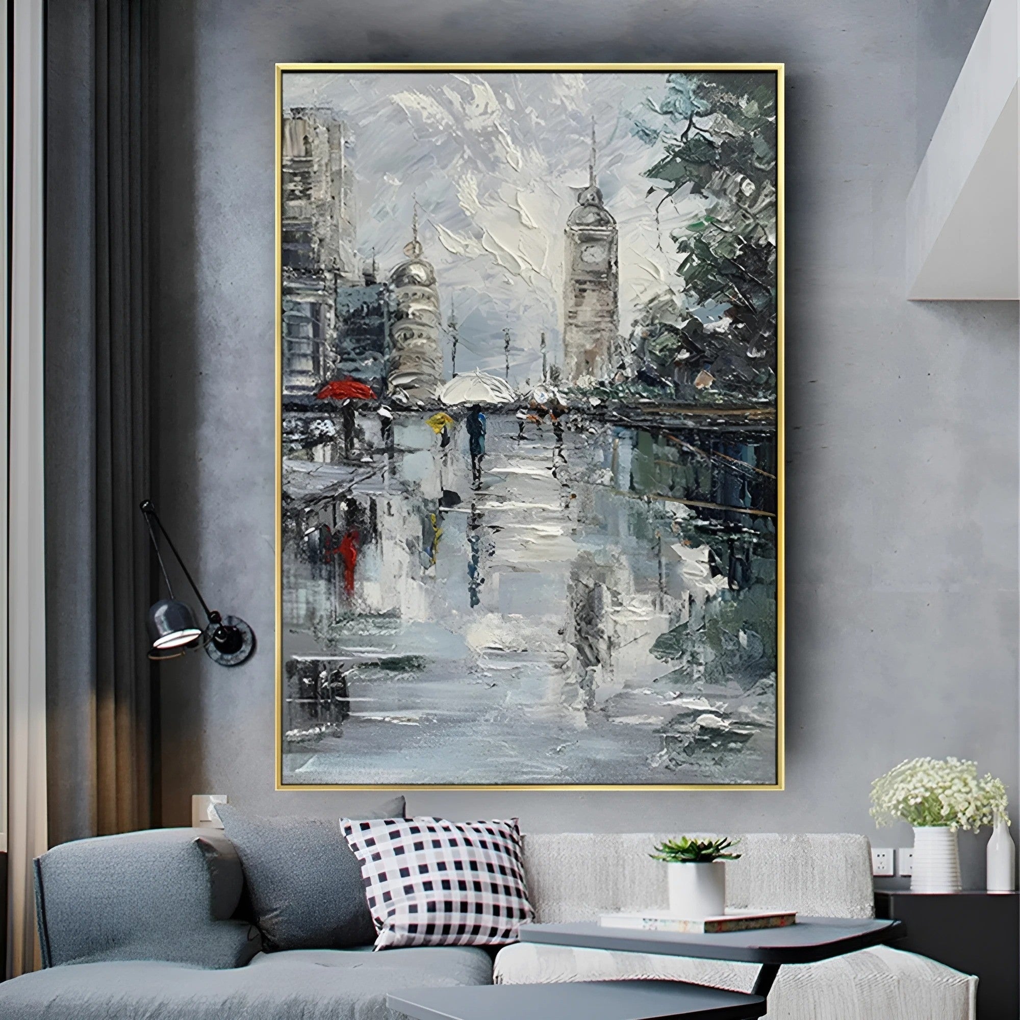 Rainy London street scene oil painting with textured brushstrokes, capturing Big Ben and pedestrians with umbrellas, adding a moody elegance to a cozy modern living room