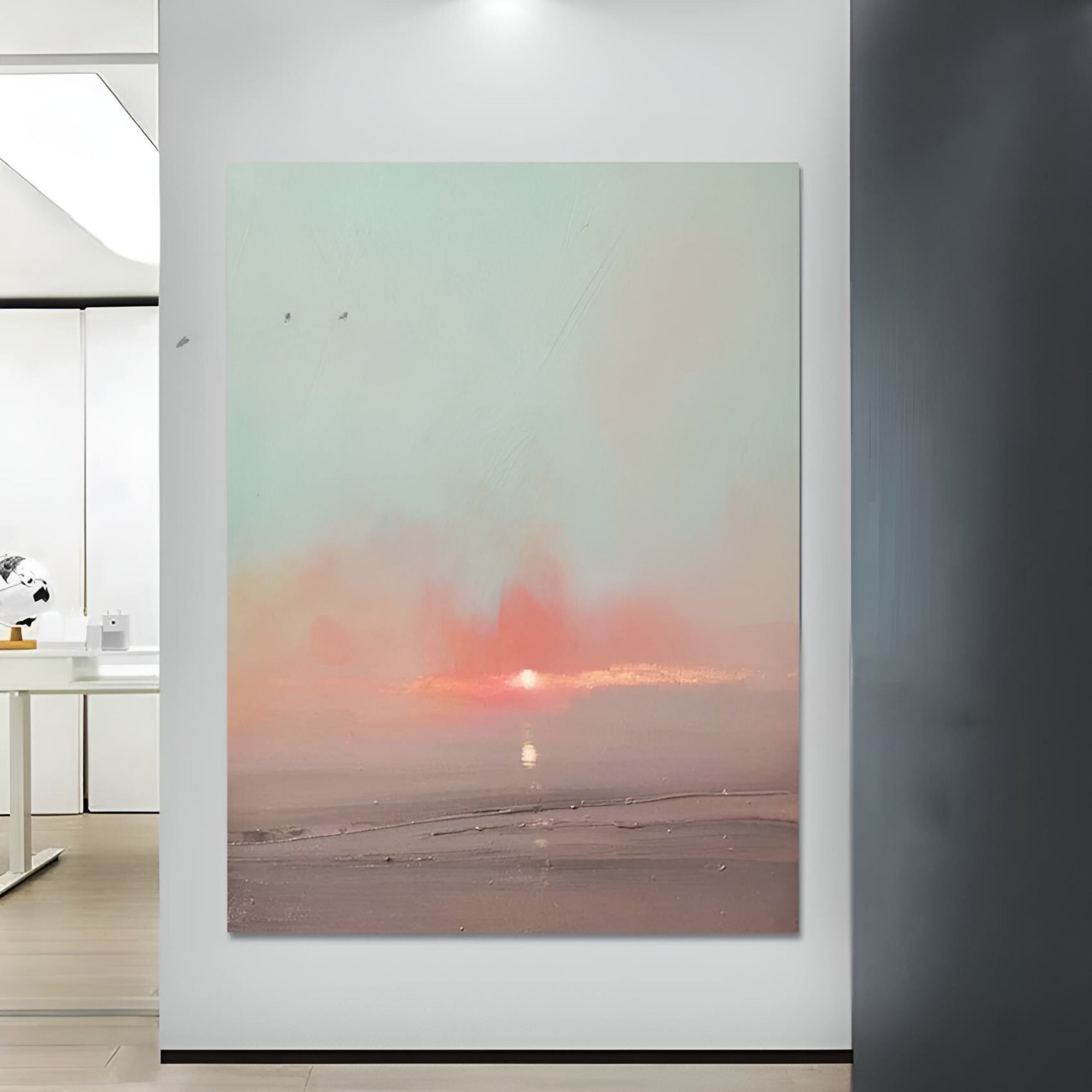 Gentle sunrise handmade oil painting in pastel colors, suitable for calming reading nooks or elegant reception areas.