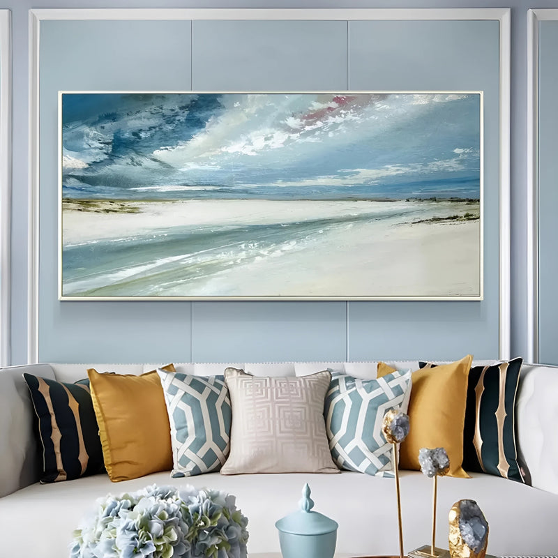 Ocean view handmade artwork with calming tones, ideal for coastal-themed interiors or contemporary lounges.