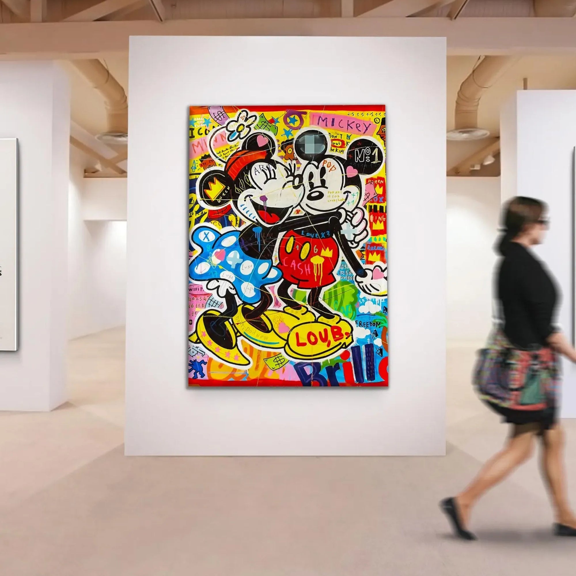 Hand-painted pop art wall decor featuring Mickey and Minnie Mouse in a playful, high-fashion, graffiti-inspired aesthetic.