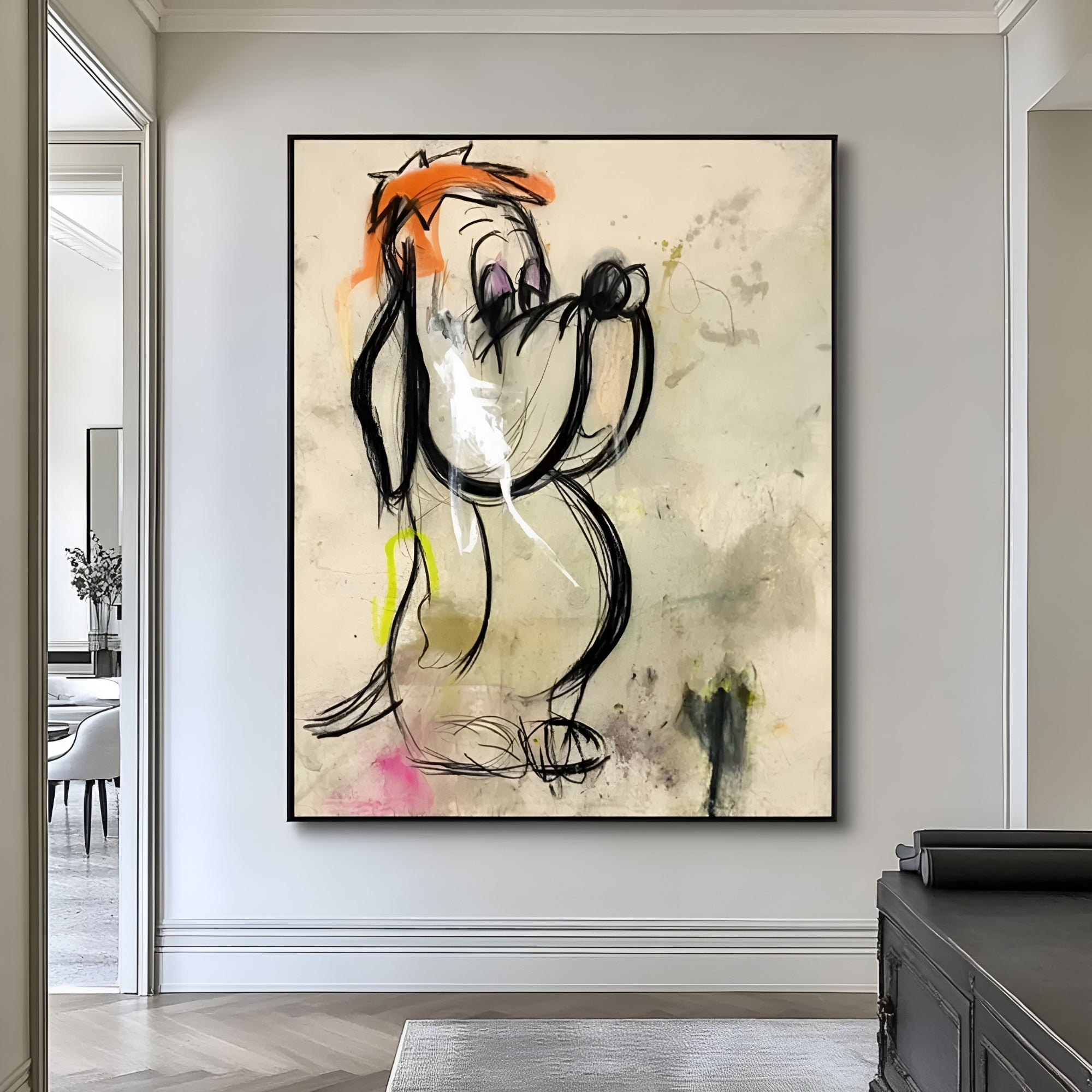 Modern animal-themed painting featuring a playful dog illustration with a mix of graffiti-style and abstract elements