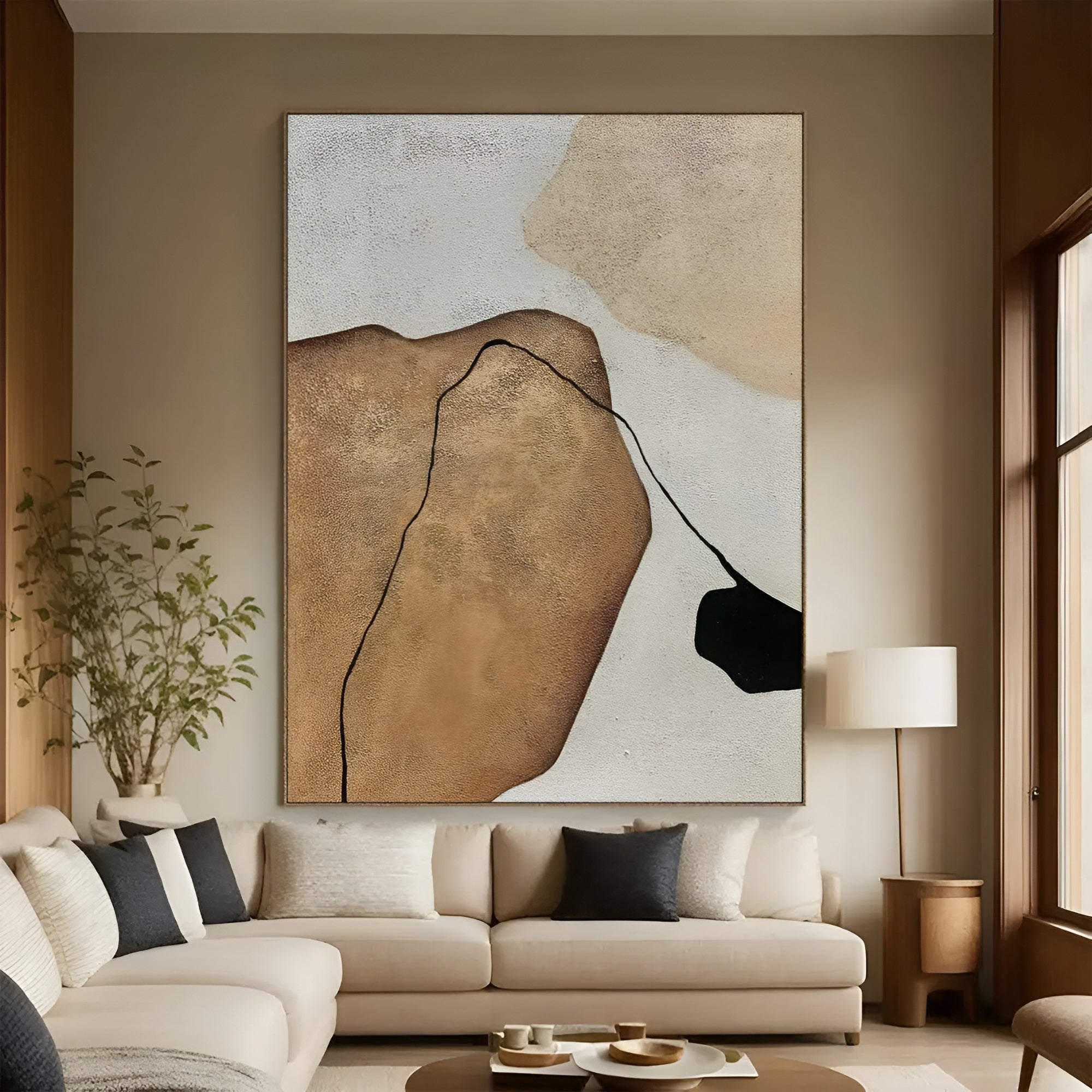 Large-scale abstract painting with textured details, framed in a modern home with Scandinavian-inspired decor.