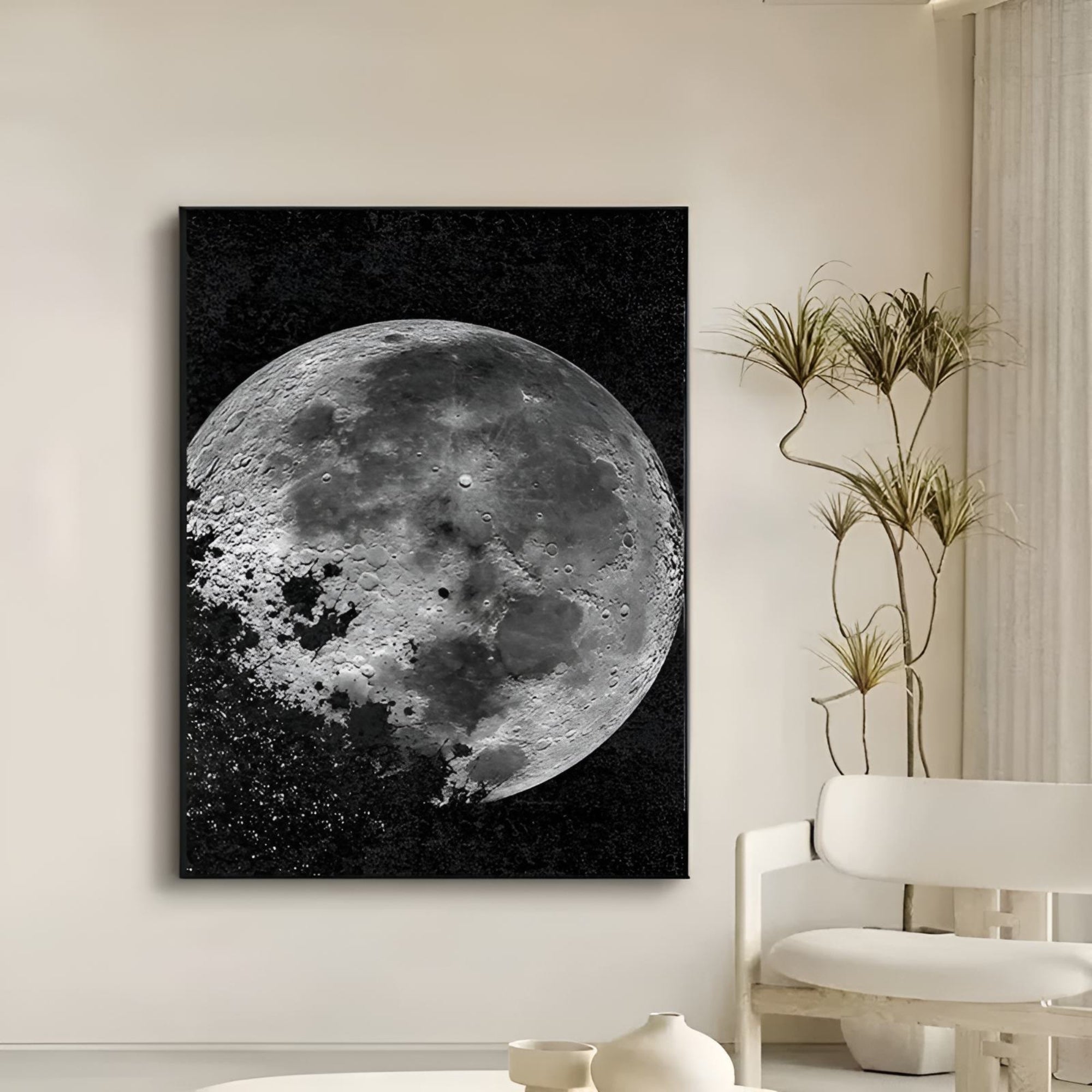 Elegant black and white moon wall decor, handmade and perfect for spaces with neutral or earthy tones.