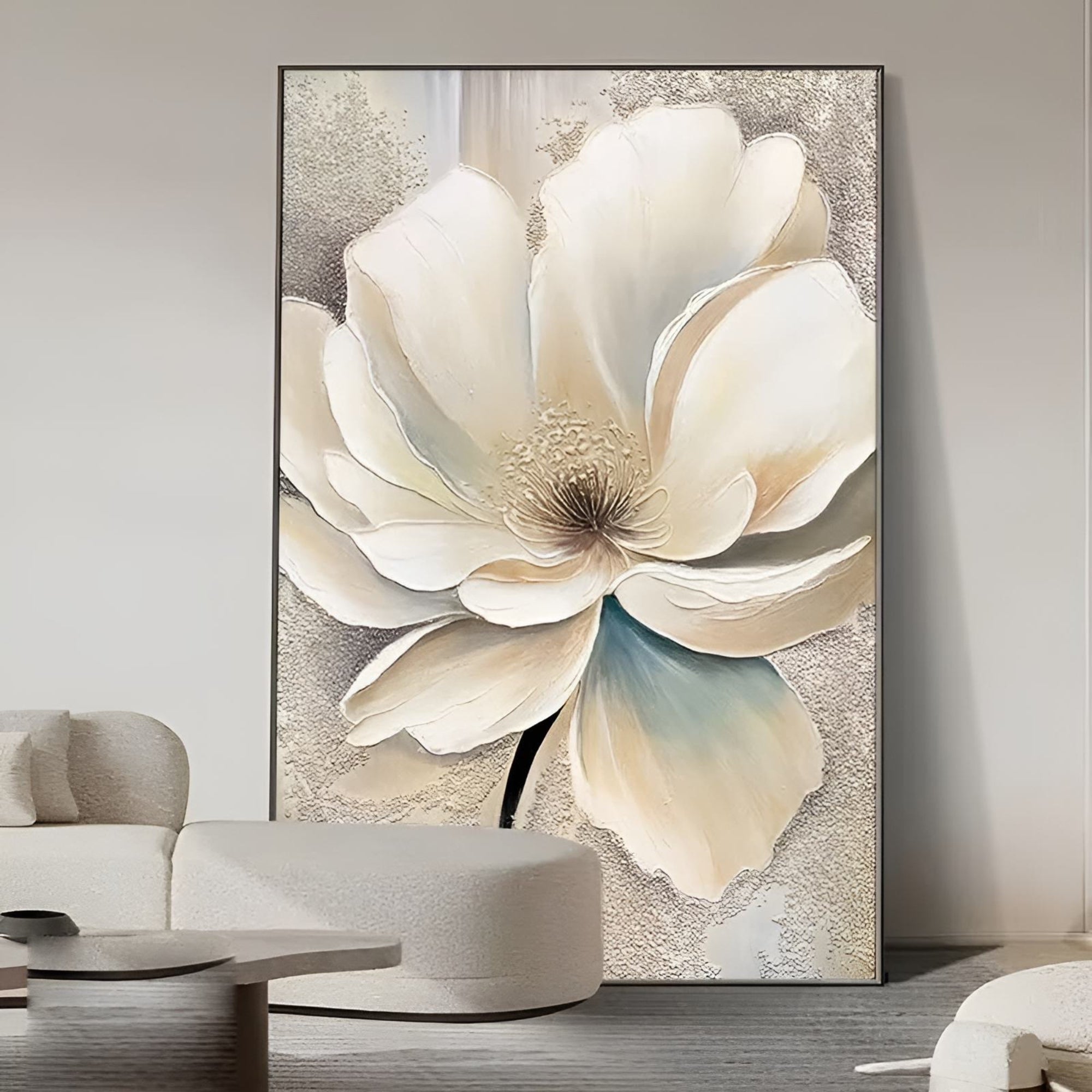 Handmade white flower painting, perfect for calming bedroom walls or cozy entryways with neutral tones.