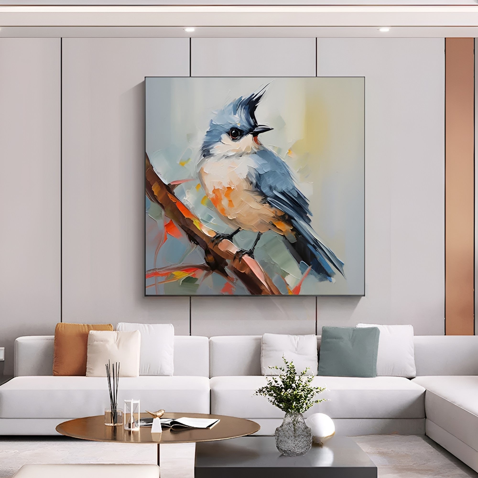 Handmade oil painting of a blue songbird perched on a branch, adding charm to modern interior wall decor.