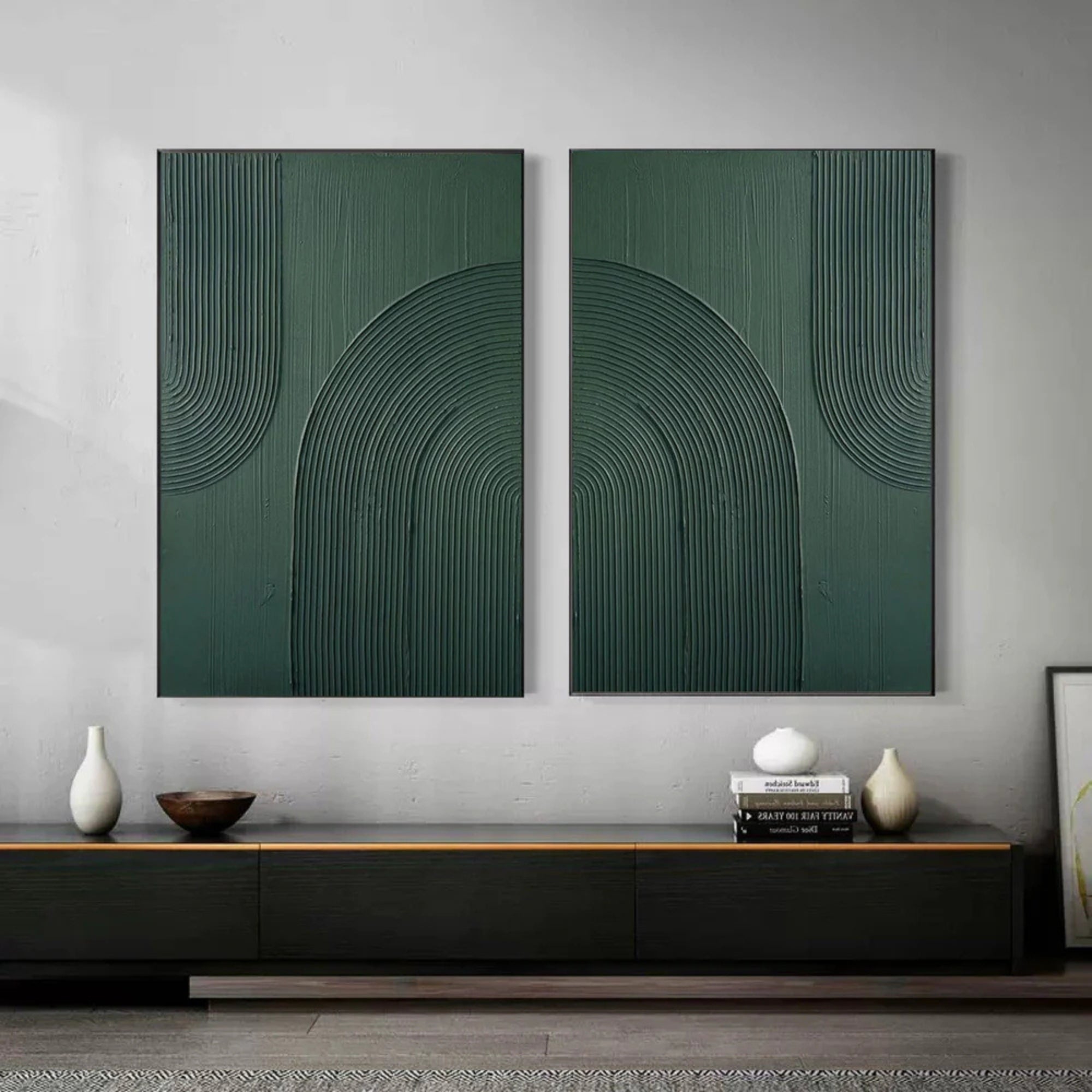 Plaster Art Texture Painting -  Emerald Arcs - Set of 2