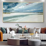 Blue sky and shoreline oil painting, hand-painted to bring coastal charm to minimalist or Scandinavian interiors