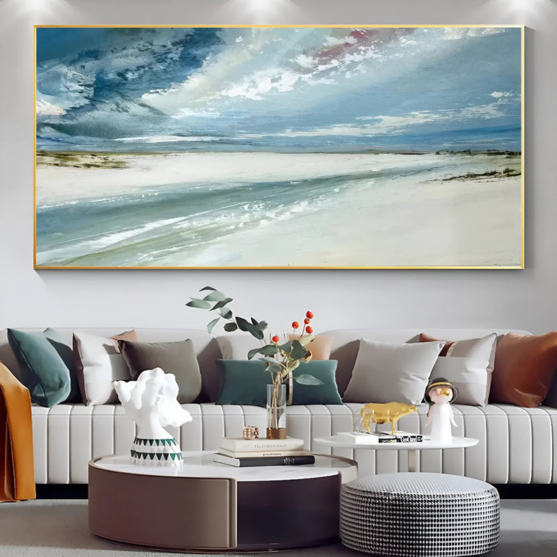 Blue sky and shoreline oil painting, hand-painted to bring coastal charm to minimalist or Scandinavian interiors