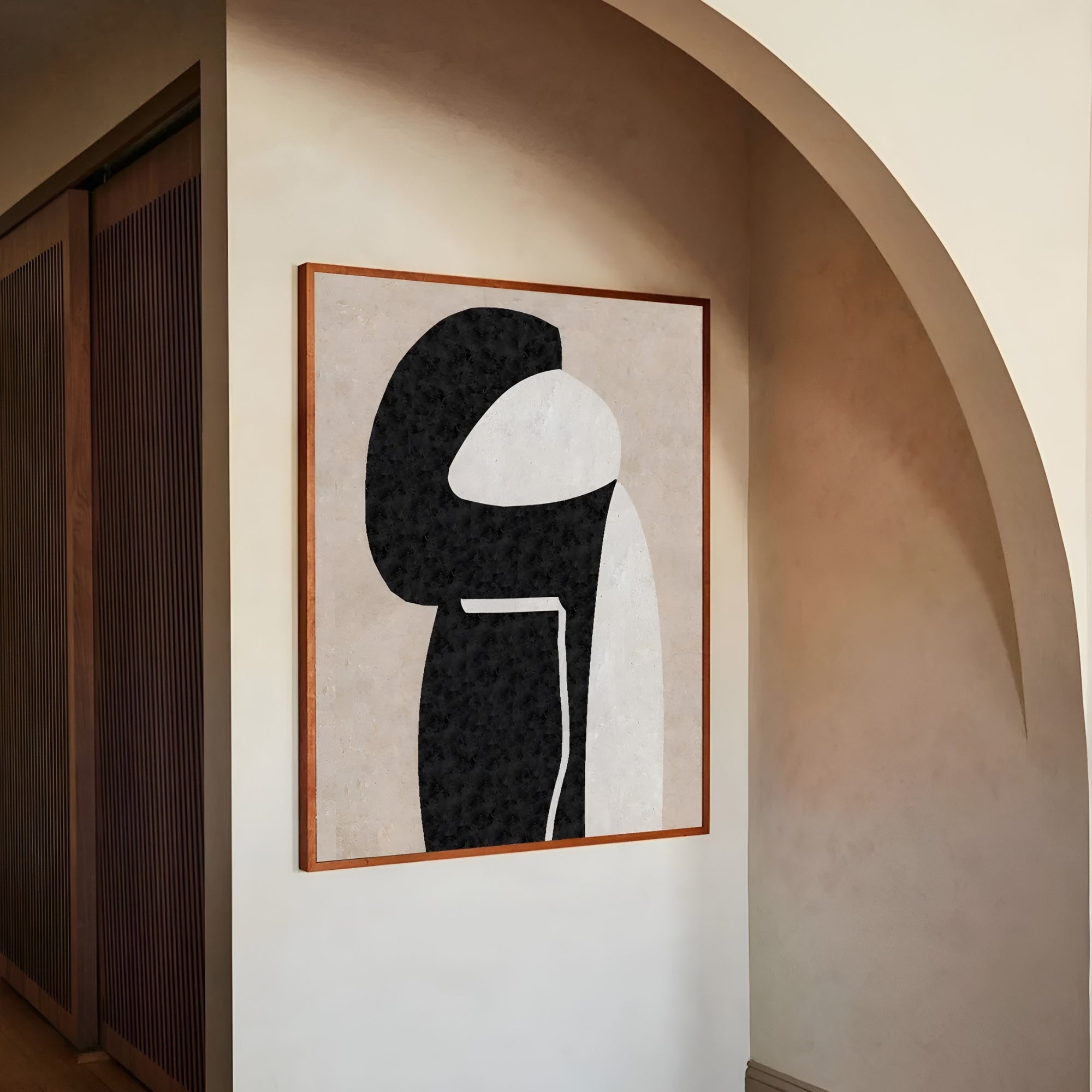 Timeless monochrome abstract painting with organic shapes – Handmade Wabi Sabi art piece, perfect for contemporary and zen-inspired interiors.