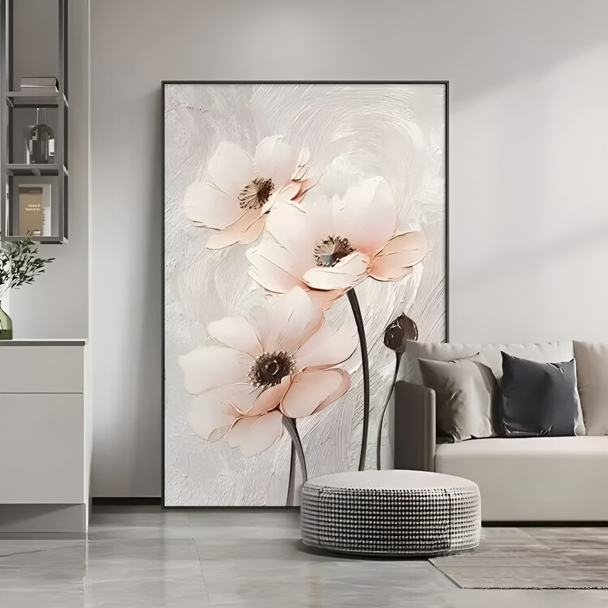 Delicate handmade flower painting in neutral tones, ideal for contemporary interiors and minimalist wall styling.