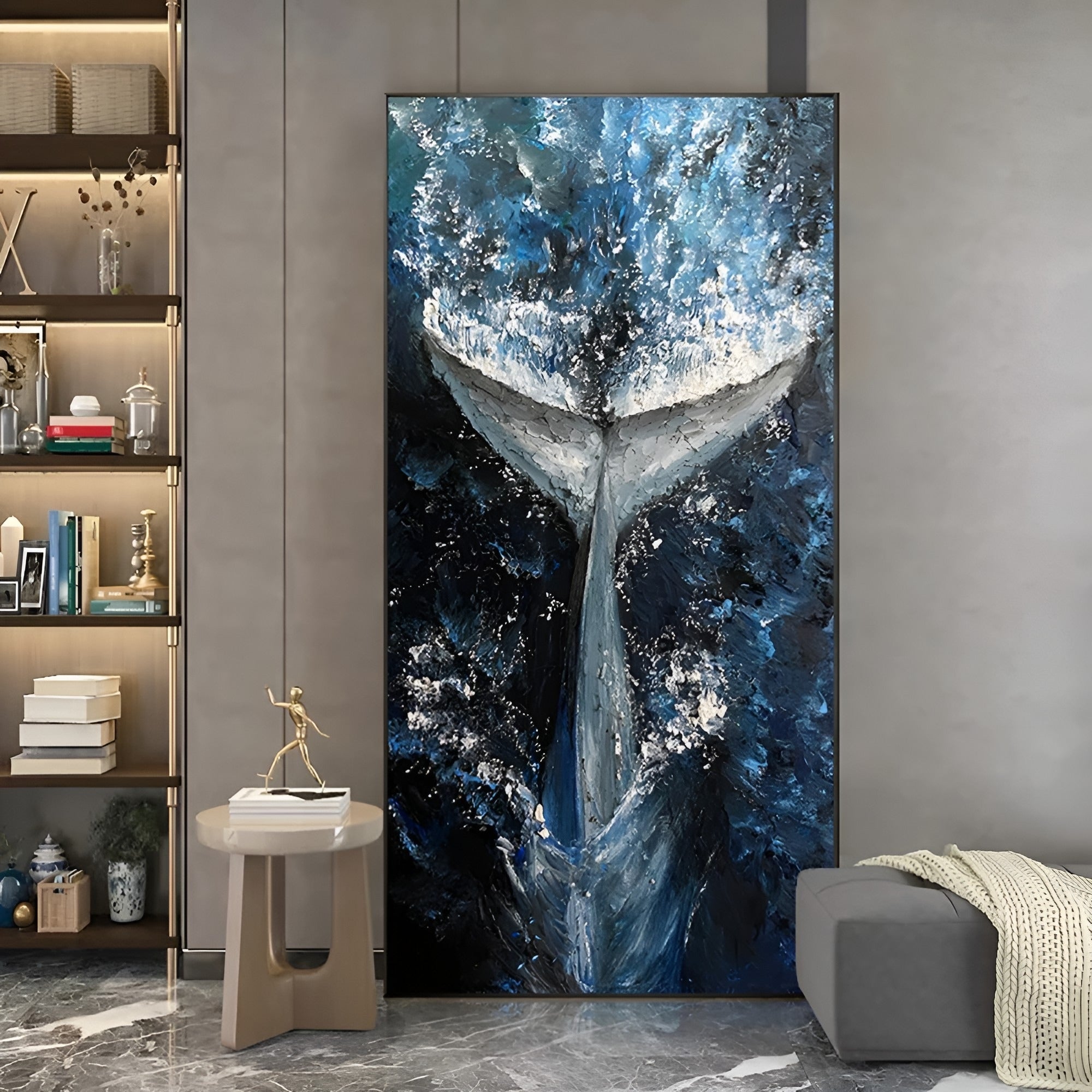 Handmade oil painting of whale tail diving in deep ocean, abstract blue wall art for modern interiors.
